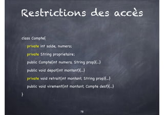 Restrictions des accès
class Compte{
private int solde, numero;
private String proprietaire;
public Compte(int numero, String prop){...}
public void depot(int montant){...}
private void retrait(int montant, String prop){...}
public void virement(int montant, Compte dest){...}
}
78
 