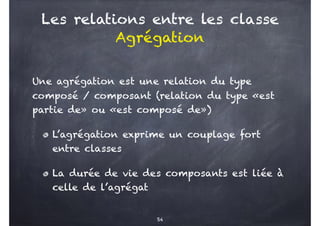 Les relations entre les classe
Agrégation
Une agrégation est une relation du type
composé / composant (relation du type «e...