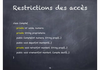 Restrictions des accès
class Compte{
private int solde, numero;
private String proprietaire;
public Compte(int numero, Str...