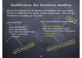 Redéfinition des fonctions membres
Quand une méthode (ou un attribut) est redéfinie dans une classe
dérivée la méthode de ...