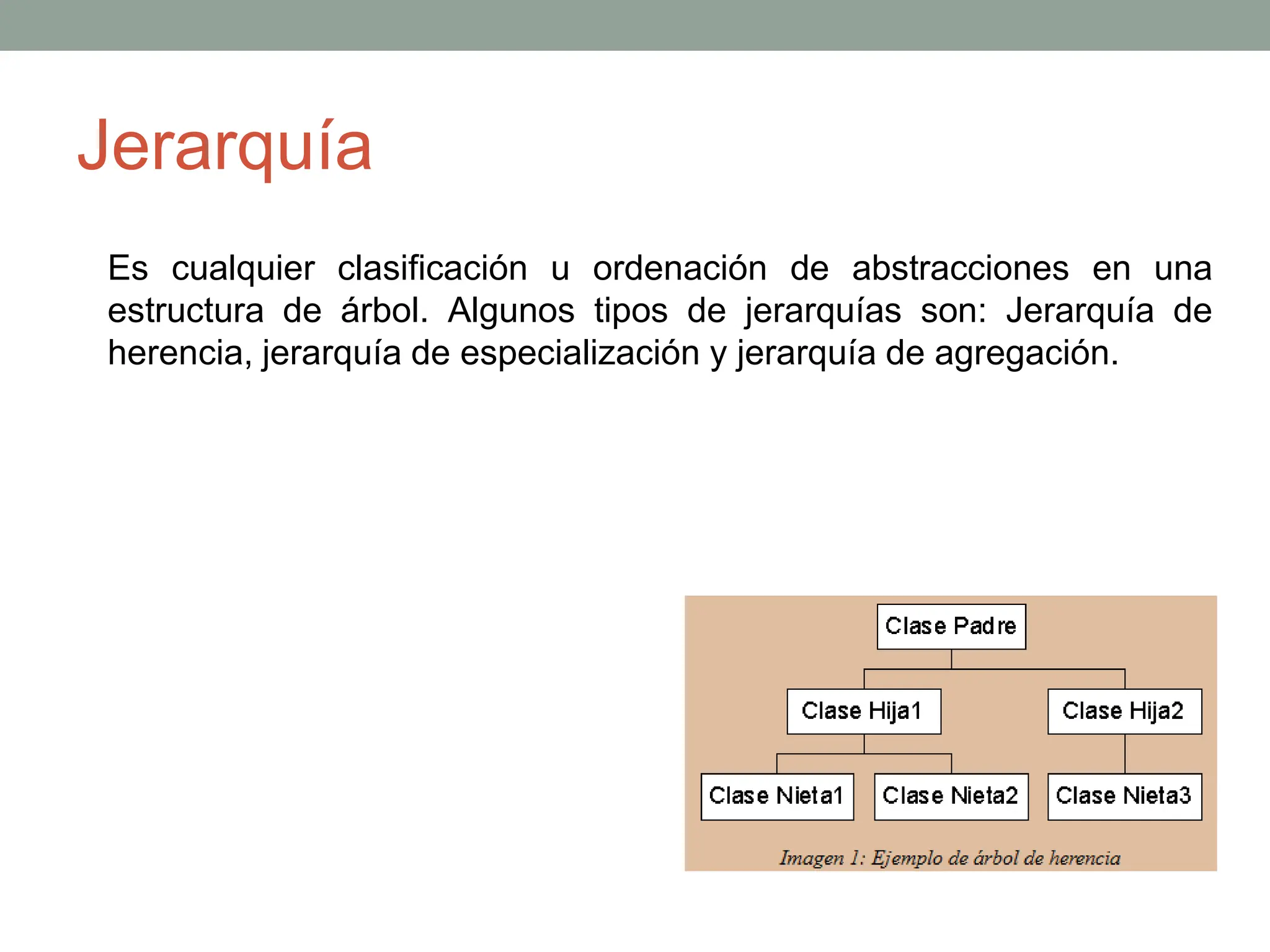 Jerarquía
Es cualquier clasificación u ordenación de abstracciones en una
estructura de árbol. Algunos tipos de jerarquías son: Jerarquía de
herencia, jerarquía de especialización y jerarquía de agregación.
 