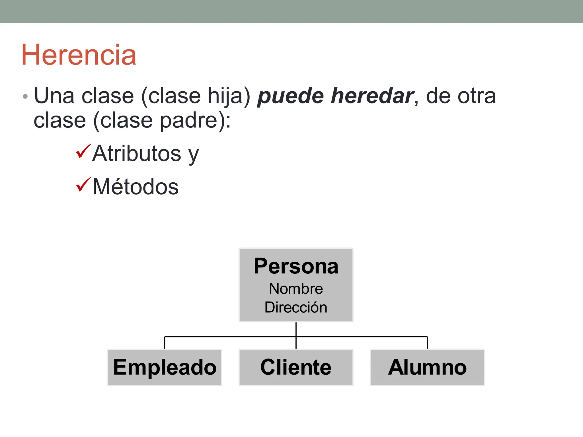 Herencia
• Una clase (clase hija) puede heredar, de otra
clase (clase padre):
Atributos y
Métodos
Empleado Cliente Alumno
Persona
Nombre
Dirección
 