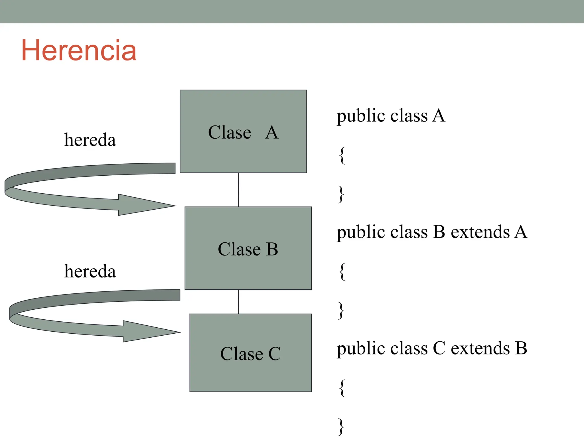 Clase A
Clase B
Clase C
public class A
{
}
public class B extends A
{
}
public class C extends B
{
}
hereda
hereda
Herencia
 