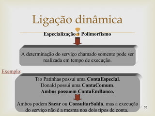 
Ligação dinâmica
35
A determinação do serviço chamado somente pode ser
realizada em tempo de execução.
Especialização + Polimorfismo
Exemplo:
Tio Patinhas possui uma ContaEspecial.
Donald possui uma ContaComum.
Ambos possuem ContaEmBanco.
Ambos podem Sacar ou ConsultarSaldo, mas a execução
do serviço não é a mesma nos dois tipos de conta.
 