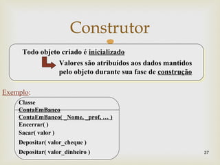 
Construtor
37
Todo objeto criado é inicializado
Valores são atribuídos aos dados mantidos
pelo objeto durante sua fase de construção
Classe
ContaEmBanco
Exemplo:
Encerrar( )
Sacar( valor )
Depositar( valor_cheque )
Depositar( valor_dinheiro )
ContaEmBanco( _Nome, _prof, … )
 