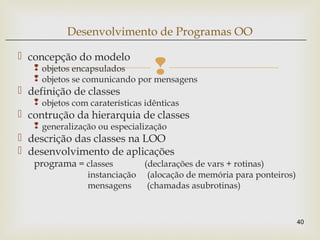 
 concepção do modelo
 objetos encapsulados
 objetos se comunicando por mensagens
 definição de classes
 objetos com caraterísticas idênticas
 contrução da hierarquia de classes
 generalização ou especialização
 descrição das classes na LOO
 desenvolvimento de aplicações
programa = classes (declarações de vars + rotinas)
instanciação (alocação de memória para ponteiros)
mensagens (chamadas asubrotinas)
40
Desenvolvimento de Programas OO
 