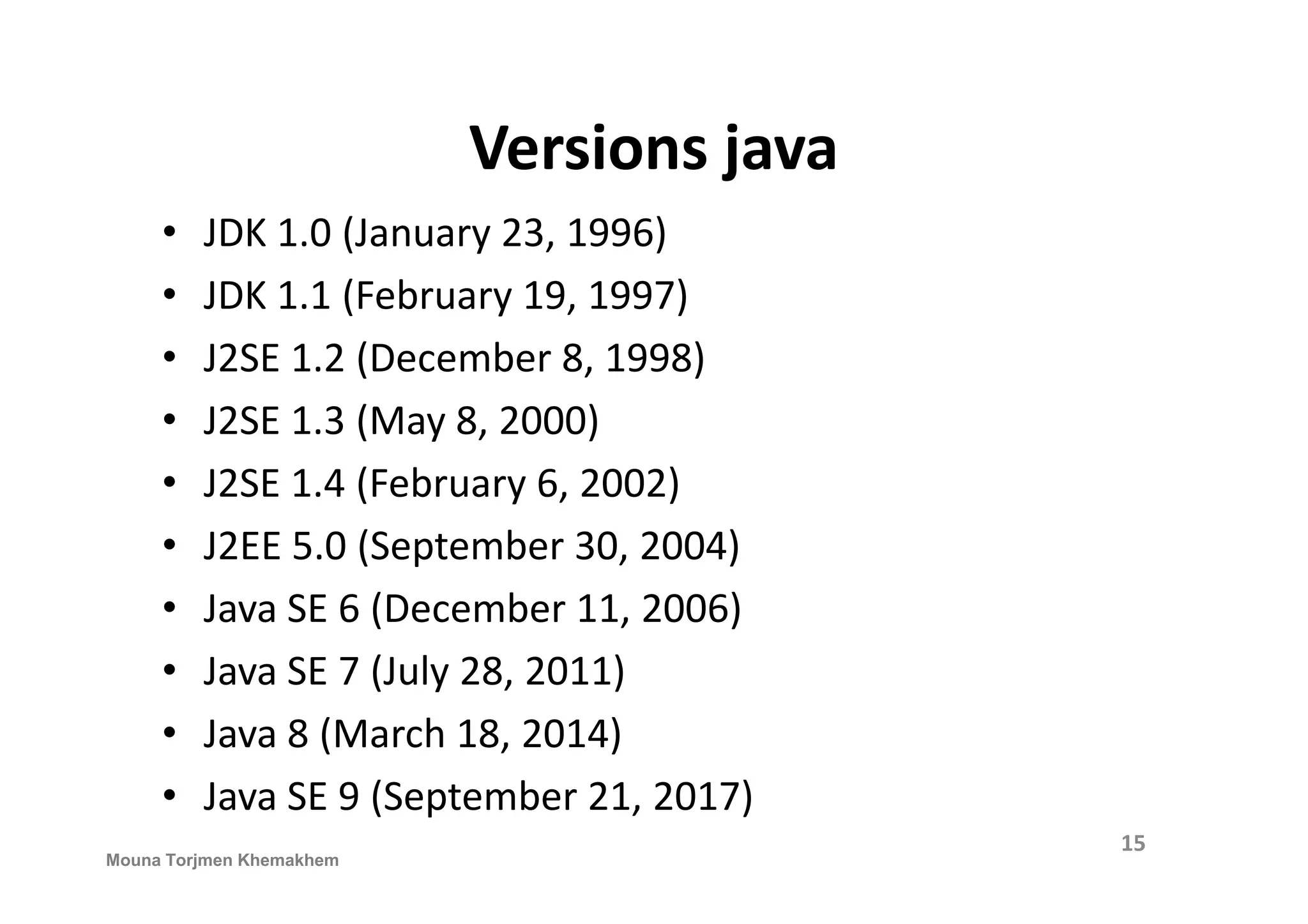 Versions java • JDK 1.0 (January 23, 1996) • JDK 1.1 (February 19, 1997) • J2SE 1.2 (December 8, 1998) • J2SE 1.3 (May 8, 2000) • J2SE 1.4 (February 6, 2002)• J2SE 1.4 (February 6, 2002) • J2EE 5.0 (September 30, 2004) • Java SE 6 (December 11, 2006) • Java SE 7 (July 28, 2011) • Java 8 (March 18, 2014) • Java SE 9 (September 21, 2017) 15 Mouna Torjmen Khemakhem 