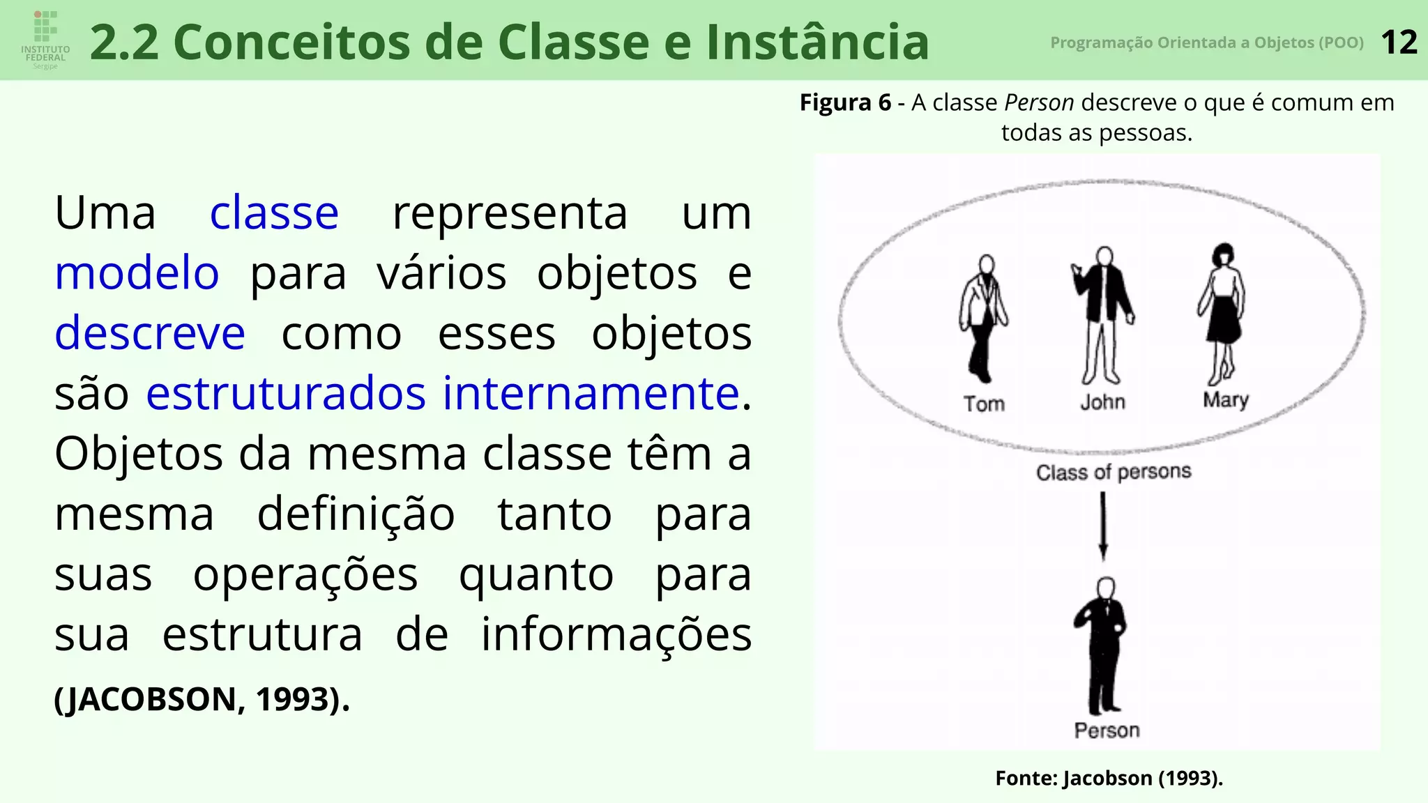 12Programação Orientada a Objetos (POO)
2.2 Conceitos de Classe e Instância
Uma classe representa um
modelo para vários objetos e
descreve como esses objetos
são estruturados internamente.
Objetos da mesma classe têm a
mesma deﬁnição tanto para
suas operações quanto para
sua estrutura de informações
(JACOBSON, 1993).
Figura 6 - A classe Person descreve o que é comum em
todas as pessoas.
Fonte: Jacobson (1993).
 