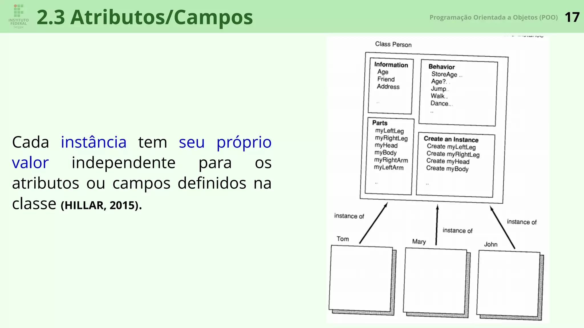 17Programação Orientada a Objetos (POO)
2.3 Atributos/Campos
Cada instância tem seu próprio
valor independente para os
atributos ou campos deﬁnidos na
classe (HILLAR, 2015).
 