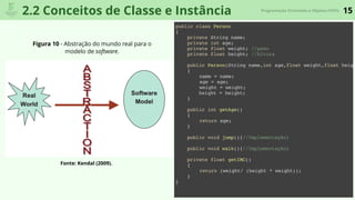 15Programação Orientada a Objetos (POO)
Figura 10 - Abstração do mundo real para o
modelo de software.
Fonte: Kendal (2009).
2.2 Conceitos de Classe e Instância
public class Person
{
private String name;
private int age;
private float weight; //peso
private float height; //Altura
public Person(String name,int age,float weight,float heigh
{
name = name;
age = age;
weight = weight;
height = height;
}
public int getAge()
{
return age;
}
public void jump(){//Implementação}
public void walk(){//Implementação}
private float getIMC()
{
return (weight/ (height * weight));
}
}
 