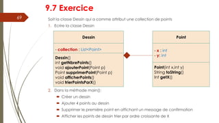 9.7 Exercice
Soit la classe Dessin qui a comme attribut une collection de points
1. Ecrire la classe Dessin
2. Dans la méthode main():
 Créer un dessin
 Ajouter 4 points au dessin
 Supprimer le première point en affichant un message de confirmation
 Afficher les points de dessin trier par ordre croissante de X
69
Dessin
- collection : List<Point>
Dessin()
int getNbrePoints()
void ajouterPoint(Point p)
Point supprimerPoint(Point p)
void afficherPoints()
void trierPointsParX()
Point
- x : int
- y: int
Point(int x,int y)
String toString()
Int getX()
 