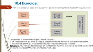 10.4 Exercice:
On veut réaliser un code java qui permet de modéliser le schéma de client/serveur suivant:
84
Thread
Client
Thread
Client
Thread
Client
Liste
des
clients
en
service
Serveur
Thread
Service
Thread
Service
Thread
Service
Lancer dans la méthode main() les Threads suivants :
• Un Thread serveur qui envoi à chaque 5 seconde l’heure actuelle à tous les threads clients
• Trois Threads clients qui reçoivent la valeur de l’heure à chaque 5 seconde
Remarque: Pour l’envois des messages on n’utilise ni les flux ni les sockets car les objets s’exécutent
en même mémoire(RAM), mais on utilise les méthodes
 
