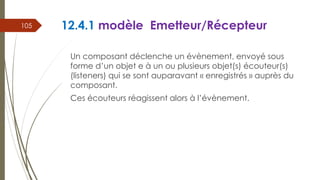 12.4.1 modèle Emetteur/Récepteur
Un composant déclenche un évènement, envoyé sous
forme d’un objet e à un ou plusieurs objet(s) écouteur(s)
(listeners) qui se sont auparavant « enregistrés » auprès du
composant.
Ces écouteurs réagissent alors à l’évènement.
105
 