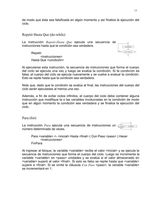 13
de modo que ésta sea falsificada en algún momento y así finalice la ejecución del
ciclo.
Repetir Hasta Que (do-while)
La instrucción Repetir-Hasta Que ejecuta una secuencia de
instrucciones hasta que la condición sea verdadera.
Repetir
<instrucciones>
Hasta Que <condición>
Al ejecutarse esta instrucción, la secuencia de instrucciones que forma el cuerpo
del ciclo se ejecuta una vez y luego se evalúa la condición. Si la condición es
falsa, el cuerpo del ciclo se ejecuta nuevamente y se vuelve a evaluar la condición.
Esto se repite hasta que la condición sea verdadera.
Note que, dado que la condición se evalúa al final, las instrucciones del cuerpo del
ciclo serán ejecutadas al menos una vez.
Además, a fin de evitar ciclos infinitos, el cuerpo del ciclo debe contener alguna
instrucción que modifique la o las variables involucradas en la condición de modo
que en algún momento la condición sea verdadera y se finalice la ejecución del
ciclo.
Para (for)
La instrucción Para ejecuta una secuencia de instrucciones un
número determinado de veces.
Para <variable> <- <inicial> Hasta <final> ( Con Paso <paso> ) Hacer
<instrucciones>
FinPara
Al ingresar al bloque, la variable <variable> recibe el valor <inicial> y se ejecuta la
secuencia de instrucciones que forma el cuerpo del ciclo. Luego se incrementa la
variable <variable> en <paso> unidades y se evalúa si el valor almacenado en
<variable> superó al valor <final>. Si esto es falso se repite hasta que <variable>
supere a <final>. Si se omite la cláusula Con Paso <paso>, la variable <variable>
se incrementará en 1.
 