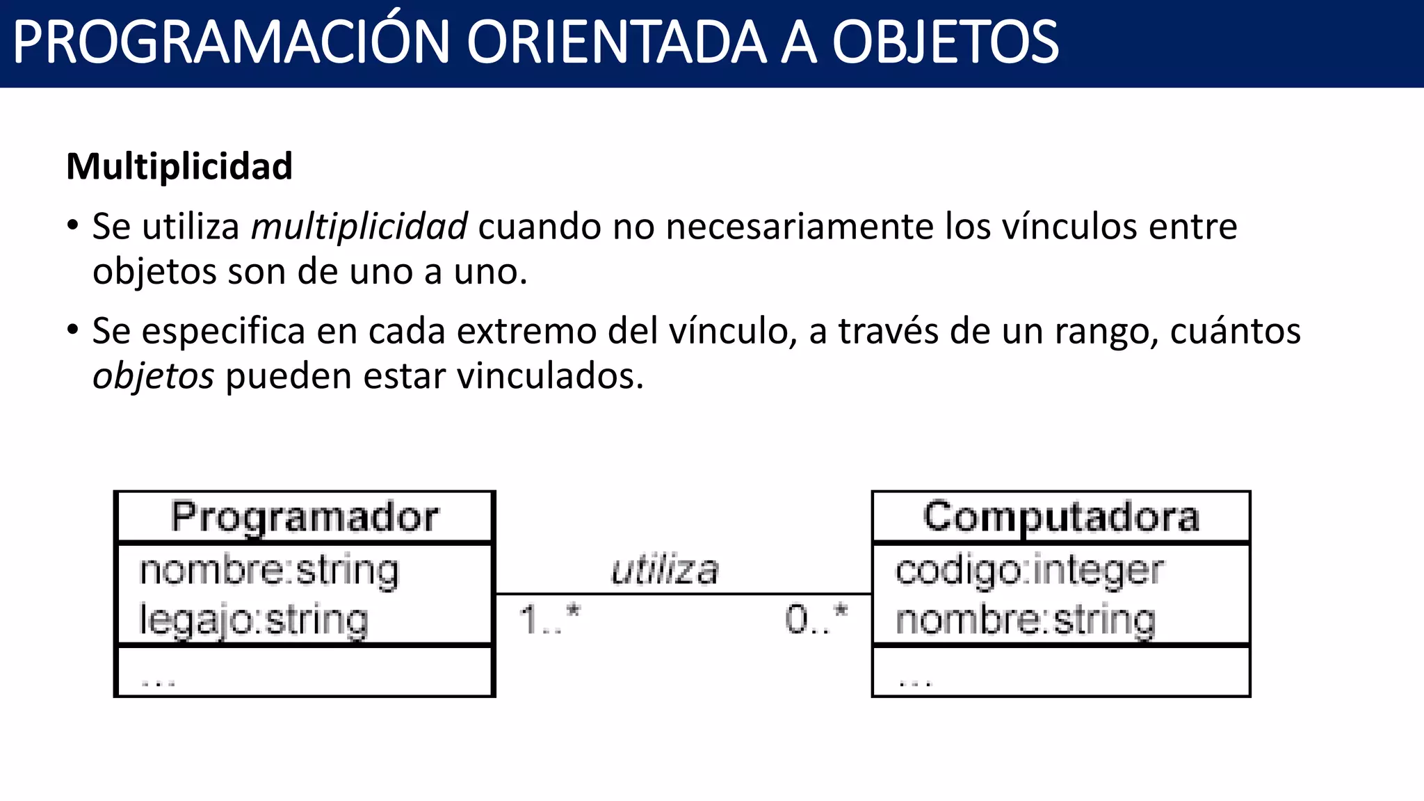 PROGRAMACIÓN ORIENTADA A OBJETOS
Multiplicidad
• Se utiliza multiplicidad cuando no necesariamente los vínculos entre
objetos son de uno a uno.
• Se especifica en cada extremo del vínculo, a través de un rango, cuántos
objetos pueden estar vinculados.
 