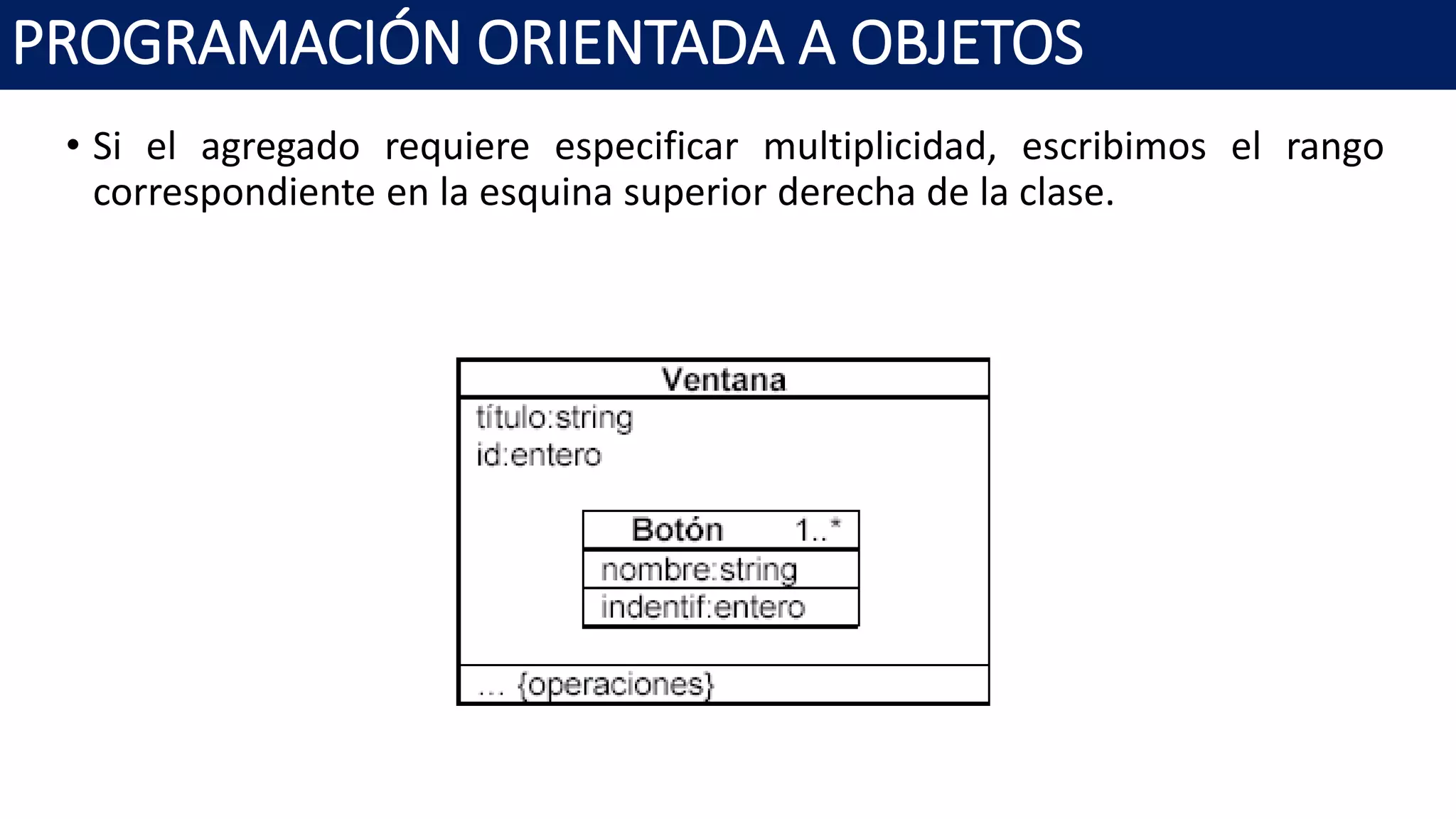 PROGRAMACIÓN ORIENTADA A OBJETOS
• Si el agregado requiere especificar multiplicidad, escribimos el rango
correspondiente en la esquina superior derecha de la clase.
 