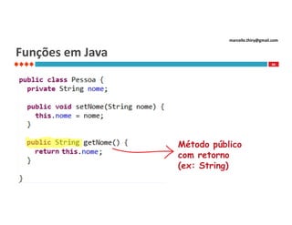 marcello.thiry@gmail.com

Funções em Java
88

Método público
com retorno
(ex: String)

 