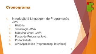 1. Introdução à Linguagem de Programação 
Java 
1. História 
2. Tecnologia JAVA 
3. Máquina virtual JAVA 
4. Fases do Programa Java 
5. Portabilidade 
6. API (Application Programming Interface) 
6 
 