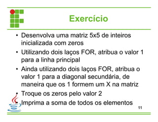 Exercício
• Desenvolva uma matriz 5x5 de inteiros
inicializada com zeros
• Utilizando dois laços FOR, atribua o valor 1
para a linha principal
• Ainda utilizando dois laços FOR, atribua o
valor 1 para a diagonal secundária, de
maneira que os 1 formem um X na matriz
• Troque os zeros pelo valor 2
• Imprima a soma de todos os elementos
11
 