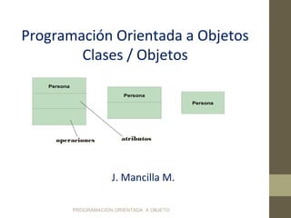 PROGRAMACION ORIENTADA A OBJETO
Programación Orientada a Objetos
Clases / Objetos
Persona
Persona
Persona
atributosoperaciones
J. Mancilla M.
 