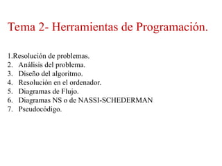 Tema 2- Herramientas de Programación.
1.Resolución de problemas.
2. Análisis del problema.
3. Diseño del algoritmo.
4. Resolución en el ordenador.
5. Diagramas de Flujo.
6. Diagramas NS o de NASSI-SCHEDERMAN
7. Pseudocódigo.
 