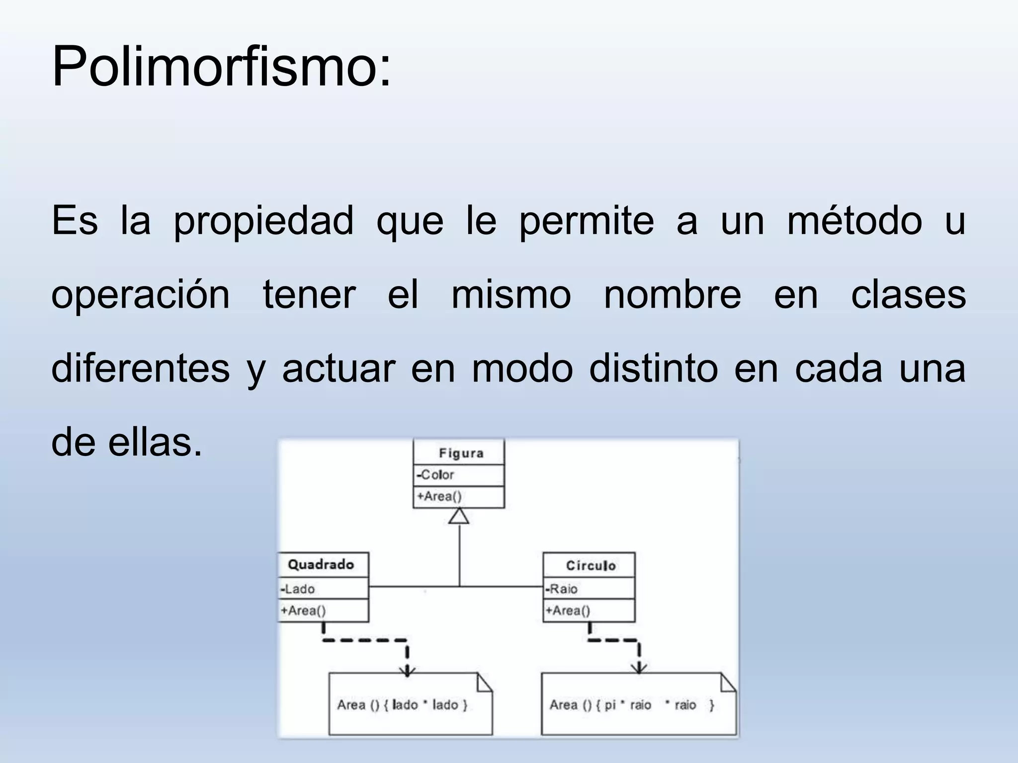 Polimorfismo:
Es la propiedad que le permite a un método u
operación tener el mismo nombre en clases
diferentes y actuar en modo distinto en cada una
de ellas.
 