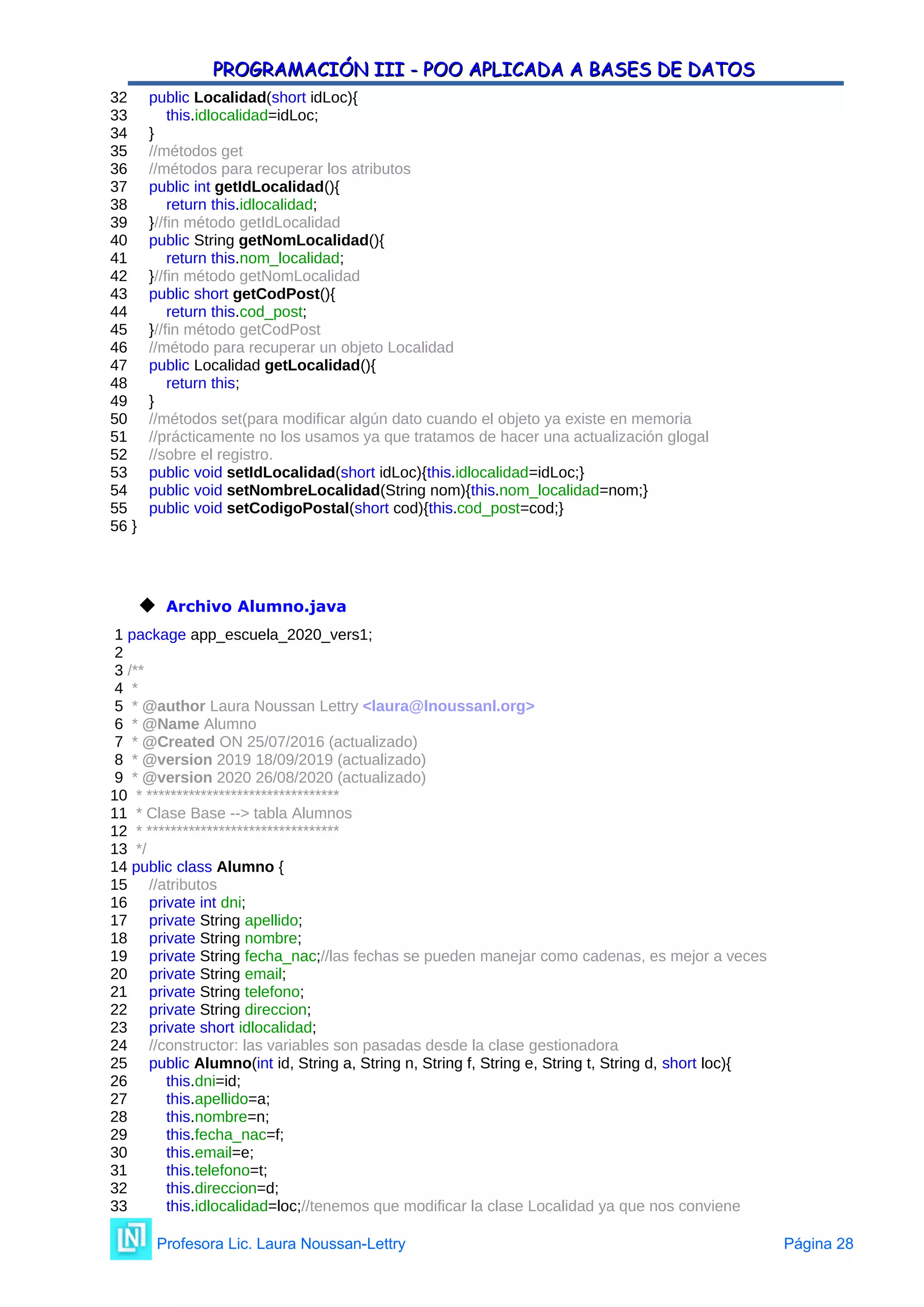 PROGRAMACIÓN III - POO APLICADA A BASES DE DATOS
PROGRAMACIÓN III - POO APLICADA A BASES DE DATOS
32 public Localidad(short idLoc){
33 this.idlocalidad=idLoc;
34 }
35 //métodos get
36 //métodos para recuperar los atributos
37 public int getIdLocalidad(){
38 return this.idlocalidad;
39 }//fin método getIdLocalidad
40 public String getNomLocalidad(){
41 return this.nom_localidad;
42 }//fin método getNomLocalidad
43 public short getCodPost(){
44 return this.cod_post;
45 }//fin método getCodPost
46 //método para recuperar un objeto Localidad
47 public Localidad getLocalidad(){
48 return this;
49 }
50 //métodos set(para modificar algún dato cuando el objeto ya existe en memoria
51 //prácticamente no los usamos ya que tratamos de hacer una actualización glogal
52 //sobre el registro.
53 public void setIdLocalidad(short idLoc){this.idlocalidad=idLoc;}
54 public void setNombreLocalidad(String nom){this.nom_localidad=nom;}
55 public void setCodigoPostal(short cod){this.cod_post=cod;}
56 }
 Archivo Alumno.java
1 package app_escuela_2020_vers1;
2
3 /**
4 *
5 * @author Laura Noussan Lettry <laura@lnoussanl.org>
6 * @Name Alumno
7 * @Created ON 25/07/2016 (actualizado)
8 * @version 2019 18/09/2019 (actualizado)
9 * @version 2020 26/08/2020 (actualizado)
10 * ********************************
11 * Clase Base --> tabla Alumnos
12 * ********************************
13 */
14 public class Alumno {
15 //atributos
16 private int dni;
17 private String apellido;
18 private String nombre;
19 private String fecha_nac;//las fechas se pueden manejar como cadenas, es mejor a veces
20 private String email;
21 private String telefono;
22 private String direccion;
23 private short idlocalidad;
24 //constructor: las variables son pasadas desde la clase gestionadora
25 public Alumno(int id, String a, String n, String f, String e, String t, String d, short loc){
26 this.dni=id;
27 this.apellido=a;
28 this.nombre=n;
29 this.fecha_nac=f;
30 this.email=e;
31 this.telefono=t;
32 this.direccion=d;
33 this.idlocalidad=loc;//tenemos que modificar la clase Localidad ya que nos conviene
Profesora Lic. Laura Noussan-Lettry Página 28
 