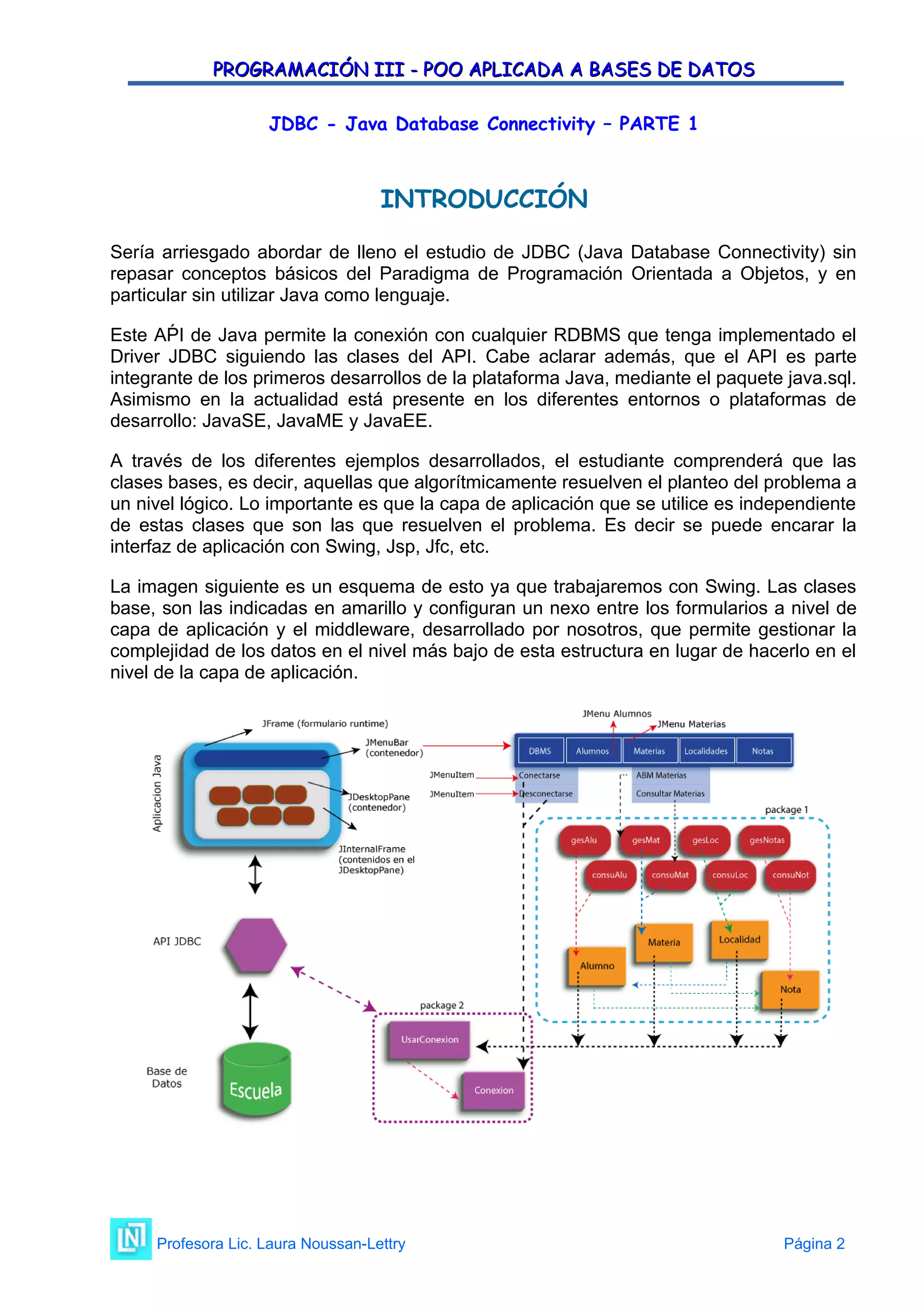 PROGRAMACIÓN III - POO APLICADA A BASES DE DATOS
PROGRAMACIÓN III - POO APLICADA A BASES DE DATOS
JDBC - Java Database Connectivity – PARTE 1
INTRODUCCIÓN
Sería arriesgado abordar de lleno el estudio de JDBC (Java Database Connectivity) sin
repasar conceptos básicos del Paradigma de Programación Orientada a Objetos, y en
particular sin utilizar Java como lenguaje.
Este AṔ I de Java permite la conexión con cualquier RDBMS que tenga implementado el
Driver JDBC siguiendo las clases del API. Cabe aclarar además, que el API es parte
integrante de los primeros desarrollos de la plataforma Java, mediante el paquete java.sql.
Asimismo en la actualidad está presente en los diferentes entornos o plataformas de
desarrollo: JavaSE, JavaME y JavaEE.
A través de los diferentes ejemplos desarrollados, el estudiante comprenderá que las
clases bases, es decir, aquellas que algorítmicamente resuelven el planteo del problema a
un nivel lógico. Lo importante es que la capa de aplicación que se utilice es independiente
de estas clases que son las que resuelven el problema. Es decir se puede encarar la
interfaz de aplicación con Swing, Jsp, Jfc, etc.
La imagen siguiente es un esquema de esto ya que trabajaremos con Swing. Las clases
base, son las indicadas en amarillo y configuran un nexo entre los formularios a nivel de
capa de aplicación y el middleware, desarrollado por nosotros, que permite gestionar la
complejidad de los datos en el nivel más bajo de esta estructura en lugar de hacerlo en el
nivel de la capa de aplicación.
Profesora Lic. Laura Noussan-Lettry Página 2
 