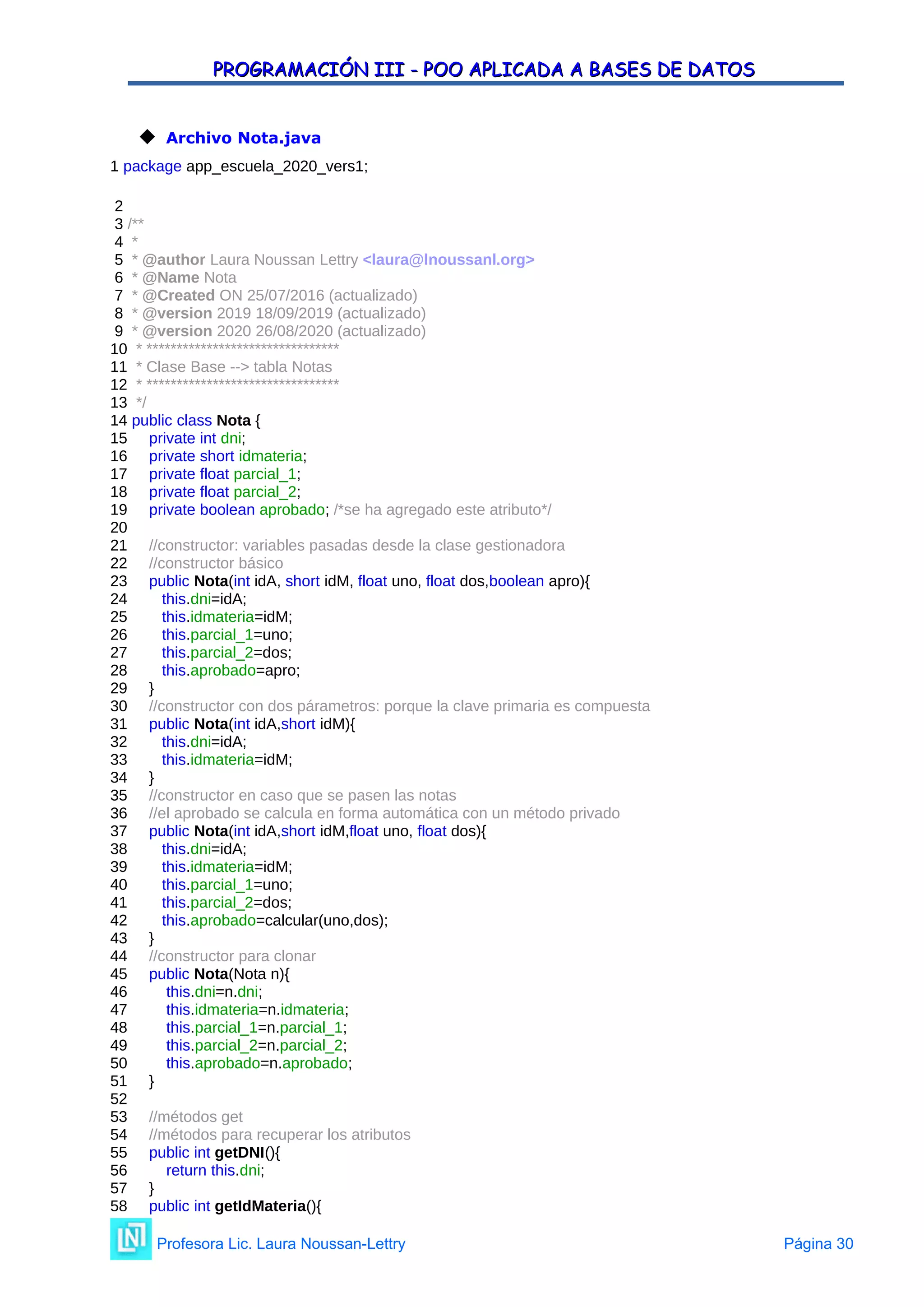 PROGRAMACIÓN III - POO APLICADA A BASES DE DATOS
PROGRAMACIÓN III - POO APLICADA A BASES DE DATOS
 Archivo Nota.java
1 package app_escuela_2020_vers1;
2
3 /**
4 *
5 * @author Laura Noussan Lettry <laura@lnoussanl.org>
6 * @Name Nota
7 * @Created ON 25/07/2016 (actualizado)
8 * @version 2019 18/09/2019 (actualizado)
9 * @version 2020 26/08/2020 (actualizado)
10 * ********************************
11 * Clase Base --> tabla Notas
12 * ********************************
13 */
14 public class Nota {
15 private int dni;
16 private short idmateria;
17 private float parcial_1;
18 private float parcial_2;
19 private boolean aprobado; /*se ha agregado este atributo*/
20
21 //constructor: variables pasadas desde la clase gestionadora
22 //constructor básico
23 public Nota(int idA, short idM, float uno, float dos,boolean apro){
24 this.dni=idA;
25 this.idmateria=idM;
26 this.parcial_1=uno;
27 this.parcial_2=dos;
28 this.aprobado=apro;
29 }
30 //constructor con dos párametros: porque la clave primaria es compuesta
31 public Nota(int idA,short idM){
32 this.dni=idA;
33 this.idmateria=idM;
34 }
35 //constructor en caso que se pasen las notas
36 //el aprobado se calcula en forma automática con un método privado
37 public Nota(int idA,short idM,float uno, float dos){
38 this.dni=idA;
39 this.idmateria=idM;
40 this.parcial_1=uno;
41 this.parcial_2=dos;
42 this.aprobado=calcular(uno,dos);
43 }
44 //constructor para clonar
45 public Nota(Nota n){
46 this.dni=n.dni;
47 this.idmateria=n.idmateria;
48 this.parcial_1=n.parcial_1;
49 this.parcial_2=n.parcial_2;
50 this.aprobado=n.aprobado;
51 }
52
53 //métodos get
54 //métodos para recuperar los atributos
55 public int getDNI(){
56 return this.dni;
57 }
58 public int getIdMateria(){
Profesora Lic. Laura Noussan-Lettry Página 30
 