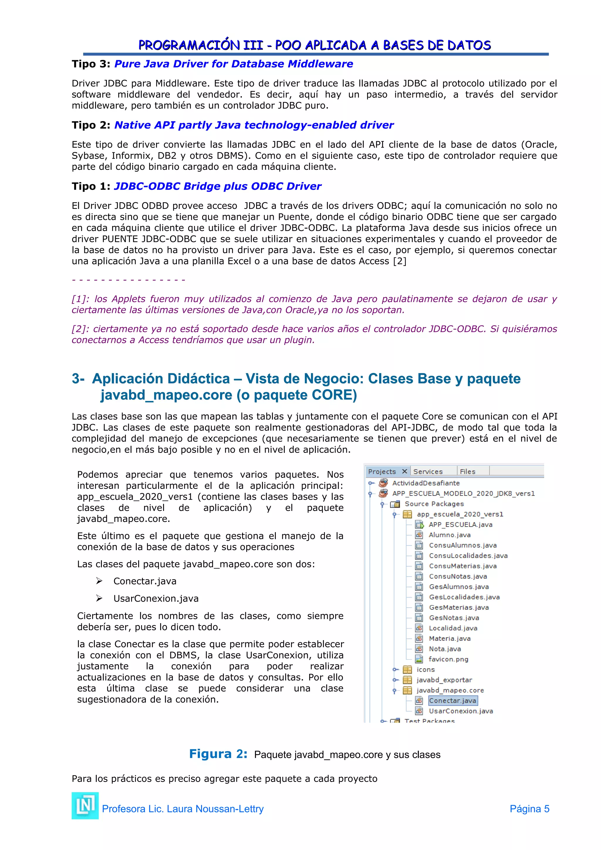PROGRAMACIÓN III - POO APLICADA A BASES DE DATOS
PROGRAMACIÓN III - POO APLICADA A BASES DE DATOS
Tipo 3: Pure Java Driver for Database Middleware
Driver JDBC para Middleware. Este tipo de driver traduce las llamadas JDBC al protocolo utilizado por el
software middleware del vendedor. Es decir, aquí hay un paso intermedio, a través del servidor
middleware, pero también es un controlador JDBC puro.
Tipo 2: Native API partly Java technology-enabled driver
Este tipo de driver convierte las llamadas JDBC en el lado del API cliente de la base de datos (Oracle,
Sybase, Informix, DB2 y otros DBMS). Como en el siguiente caso, este tipo de controlador requiere que
parte del código binario cargado en cada máquina cliente.
Tipo 1: JDBC-ODBC Bridge plus ODBC Driver
El Driver JDBC ODBD provee acceso JDBC a través de los drivers ODBC; aquí la comunicación no solo no
es directa sino que se tiene que manejar un Puente, donde el código binario ODBC tiene que ser cargado
en cada máquina cliente que utilice el driver JDBC-ODBC. La plataforma Java desde sus inicios ofrece un
driver PUENTE JDBC-ODBC que se suele utilizar en situaciones experimentales y cuando el proveedor de
la base de datos no ha provisto un driver para Java. Este es el caso, por ejemplo, si queremos conectar
una aplicación Java a una planilla Excel o a una base de datos Access [2]
- - - - - - - - - - - - - - - -
[1]: los Applets fueron muy utilizados al comienzo de Java pero paulatinamente se dejaron de usar y
ciertamente las últimas versiones de Java,con Oracle,ya no los soportan.
[2]: ciertamente ya no está soportado desde hace varios años el controlador JDBC-ODBC. Si quisiéramos
conectarnos a Access tendríamos que usar un plugin.
3- Aplicación Didáctica – Vista de Negocio: Clases Base y paquete
3- Aplicación Didáctica – Vista de Negocio: Clases Base y paquete
javabd_mapeo.core (o paquete CORE)
javabd_mapeo.core (o paquete CORE)
Las clases base son las que mapean las tablas y juntamente con el paquete Core se comunican con el API
JDBC. Las clases de este paquete son realmente gestionadoras del API-JDBC, de modo tal que toda la
complejidad del manejo de excepciones (que necesariamente se tienen que prever) está en el nivel de
negocio,en el más bajo posible y no en el nivel de aplicación.
Podemos apreciar que tenemos varios paquetes. Nos
interesan particularmente el de la aplicación principal:
app_escuela_2020_vers1 (contiene las clases bases y las
clases de nivel de aplicación) y el paquete
javabd_mapeo.core.
Este último es el paquete que gestiona el manejo de la
conexión de la base de datos y sus operaciones
Las clases del paquete javabd_mapeo.core son dos:
 Conectar.java
 UsarConexion.java
Ciertamente los nombres de las clases, como siempre
debería ser, pues lo dicen todo.
la clase Conectar es la clase que permite poder establecer
la conexión con el DBMS, la clase UsarConexion, utiliza
justamente la conexión para poder realizar
actualizaciones en la base de datos y consultas. Por ello
esta última clase se puede considerar una clase
sugestionadora de la conexión.
Figura 2: Paquete javabd_mapeo.core y sus clases
Para los prácticos es preciso agregar este paquete a cada proyecto
Profesora Lic. Laura Noussan-Lettry Página 5
 