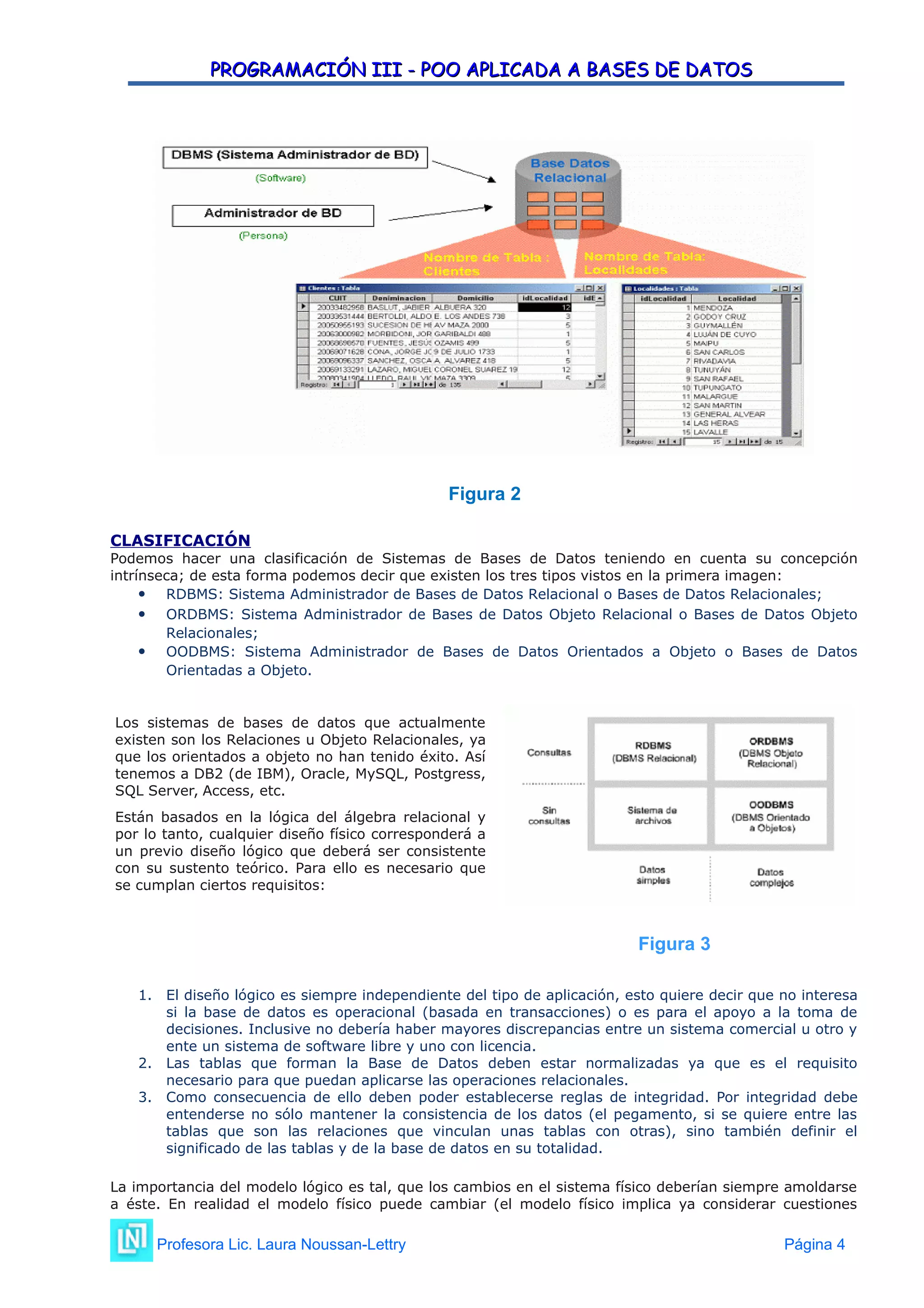 PROGRAMACIÓN III - POO APLICADA A BASES DE DATOS
PROGRAMACIÓN III - POO APLICADA A BASES DE DATOS
Figura 2
CLASIFICACIÓN
Podemos hacer una clasificación de Sistemas de Bases de Datos teniendo en cuenta su concepción
intrínseca; de esta forma podemos decir que existen los tres tipos vistos en la primera imagen:
 RDBMS: Sistema Administrador de Bases de Datos Relacional o Bases de Datos Relacionales;
 ORDBMS: Sistema Administrador de Bases de Datos Objeto Relacional o Bases de Datos Objeto
Relacionales;
 OODBMS: Sistema Administrador de Bases de Datos Orientados a Objeto o Bases de Datos
Orientadas a Objeto.
Los sistemas de bases de datos que actualmente
existen son los Relaciones u Objeto Relacionales, ya
que los orientados a objeto no han tenido éxito. Así
tenemos a DB2 (de IBM), Oracle, MySQL, Postgress,
SQL Server, Access, etc.
Están basados en la lógica del álgebra relacional y
por lo tanto, cualquier diseño físico corresponderá a
un previo diseño lógico que deberá ser consistente
con su sustento teórico. Para ello es necesario que
se cumplan ciertos requisitos:
Figura 3
1. El diseño lógico es siempre independiente del tipo de aplicación, esto quiere decir que no interesa
si la base de datos es operacional (basada en transacciones) o es para el apoyo a la toma de
decisiones. Inclusive no debería haber mayores discrepancias entre un sistema comercial u otro y
ente un sistema de software libre y uno con licencia.
2. Las tablas que forman la Base de Datos deben estar normalizadas ya que es el requisito
necesario para que puedan aplicarse las operaciones relacionales.
3. Como consecuencia de ello deben poder establecerse reglas de integridad. Por integridad debe
entenderse no sólo mantener la consistencia de los datos (el pegamento, si se quiere entre las
tablas que son las relaciones que vinculan unas tablas con otras), sino también definir el
significado de las tablas y de la base de datos en su totalidad.
La importancia del modelo lógico es tal, que los cambios en el sistema físico deberían siempre amoldarse
a éste. En realidad el modelo físico puede cambiar (el modelo físico implica ya considerar cuestiones
Profesora Lic. Laura Noussan-Lettry Página 4
 