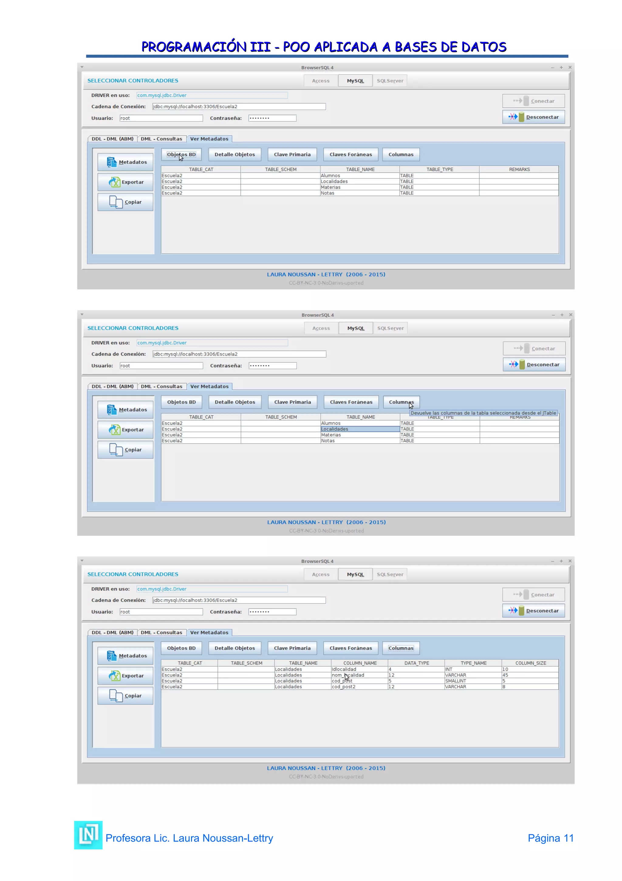 PROGRAMACIÓN III - POO APLICADA A BASES DE DATOS
PROGRAMACIÓN III - POO APLICADA A BASES DE DATOS
Profesora Lic. Laura Noussan-Lettry Página 11
 