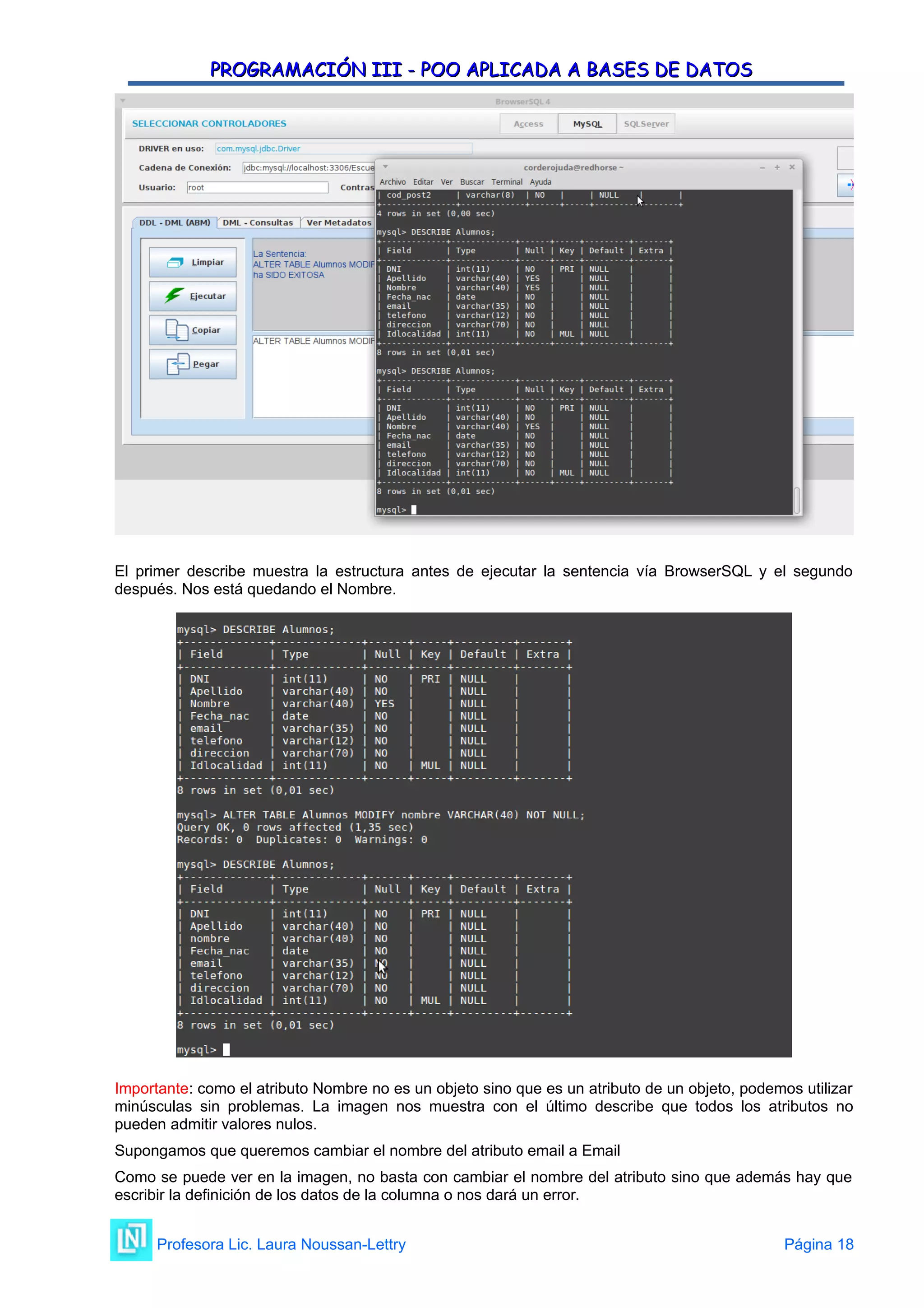 PROGRAMACIÓN III - POO APLICADA A BASES DE DATOS
PROGRAMACIÓN III - POO APLICADA A BASES DE DATOS
El primer describe muestra la estructura antes de ejecutar la sentencia vía BrowserSQL y el segundo
después. Nos está quedando el Nombre.
Importante: como el atributo Nombre no es un objeto sino que es un atributo de un objeto, podemos utilizar
minúsculas sin problemas. La imagen nos muestra con el último describe que todos los atributos no
pueden admitir valores nulos.
Supongamos que queremos cambiar el nombre del atributo email a Email
Como se puede ver en la imagen, no basta con cambiar el nombre del atributo sino que además hay que
escribir la definición de los datos de la columna o nos dará un error.
Profesora Lic. Laura Noussan-Lettry Página 18
 