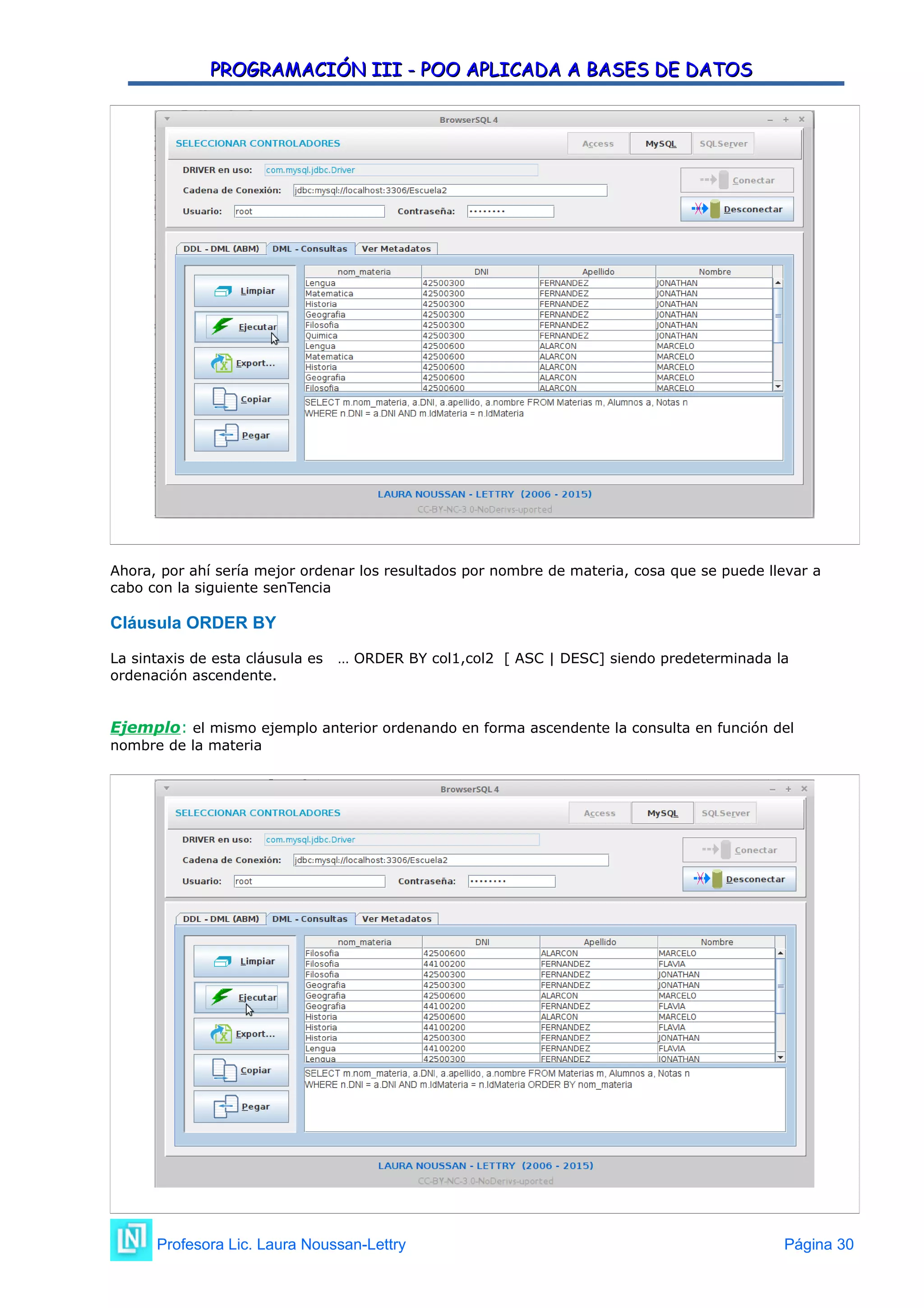 PROGRAMACIÓN III - POO APLICADA A BASES DE DATOS
PROGRAMACIÓN III - POO APLICADA A BASES DE DATOS
Ahora, por ahí sería mejor ordenar los resultados por nombre de materia, cosa que se puede llevar a
cabo con la siguiente senTencia
Cláusula ORDER BY
La sintaxis de esta cláusula es … ORDER BY col1,col2 [ ASC | DESC] siendo predeterminada la
ordenación ascendente.
Ejemplo: el mismo ejemplo anterior ordenando en forma ascendente la consulta en función del
nombre de la materia
Profesora Lic. Laura Noussan-Lettry Página 30
 