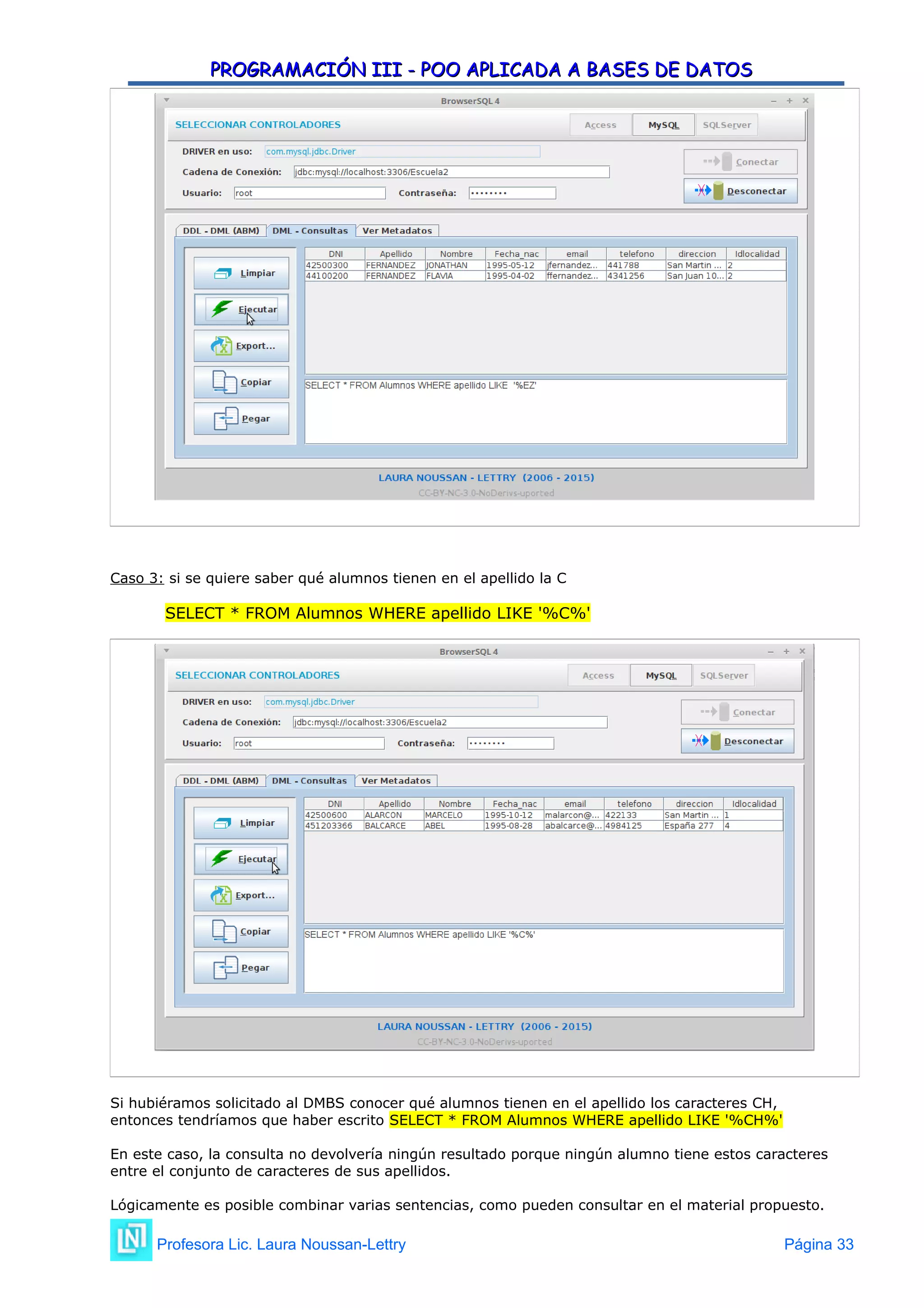 PROGRAMACIÓN III - POO APLICADA A BASES DE DATOS
PROGRAMACIÓN III - POO APLICADA A BASES DE DATOS
Caso 3: si se quiere saber qué alumnos tienen en el apellido la C
SELECT * FROM Alumnos WHERE apellido LIKE '%C%'
Si hubiéramos solicitado al DMBS conocer qué alumnos tienen en el apellido los caracteres CH,
entonces tendríamos que haber escrito SELECT * FROM Alumnos WHERE apellido LIKE '%CH%'
En este caso, la consulta no devolvería ningún resultado porque ningún alumno tiene estos caracteres
entre el conjunto de caracteres de sus apellidos.
Lógicamente es posible combinar varias sentencias, como pueden consultar en el material propuesto.
Profesora Lic. Laura Noussan-Lettry Página 33
 