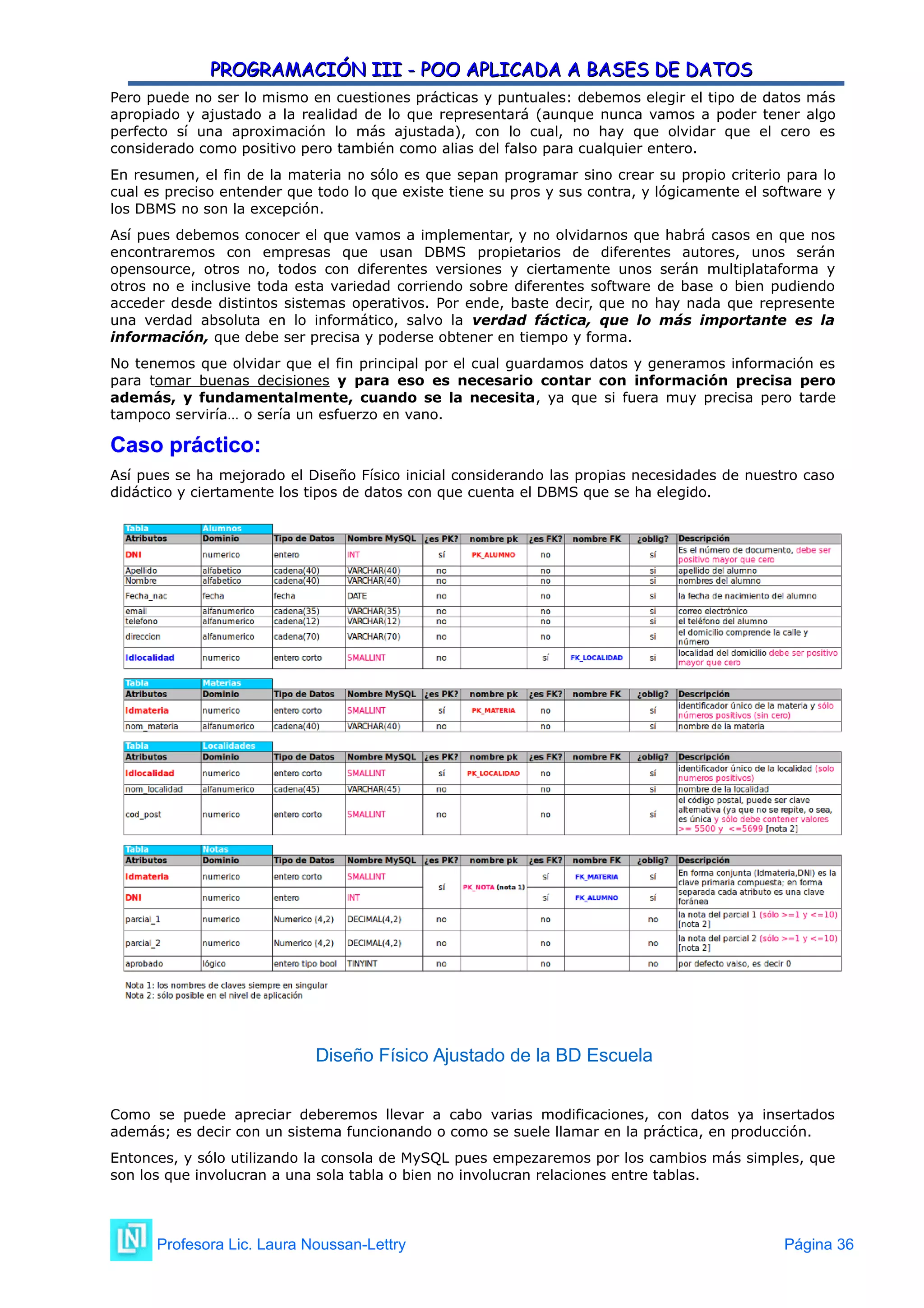 PROGRAMACIÓN III - POO APLICADA A BASES DE DATOS
PROGRAMACIÓN III - POO APLICADA A BASES DE DATOS
Pero puede no ser lo mismo en cuestiones prácticas y puntuales: debemos elegir el tipo de datos más
apropiado y ajustado a la realidad de lo que representará (aunque nunca vamos a poder tener algo
perfecto sí una aproximación lo más ajustada), con lo cual, no hay que olvidar que el cero es
considerado como positivo pero también como alias del falso para cualquier entero.
En resumen, el fin de la materia no sólo es que sepan programar sino crear su propio criterio para lo
cual es preciso entender que todo lo que existe tiene su pros y sus contra, y lógicamente el software y
los DBMS no son la excepción.
Así pues debemos conocer el que vamos a implementar, y no olvidarnos que habrá casos en que nos
encontraremos con empresas que usan DBMS propietarios de diferentes autores, unos serán
opensource, otros no, todos con diferentes versiones y ciertamente unos serán multiplataforma y
otros no e inclusive toda esta variedad corriendo sobre diferentes software de base o bien pudiendo
acceder desde distintos sistemas operativos. Por ende, baste decir, que no hay nada que represente
una verdad absoluta en lo informático, salvo la verdad fáctica, que lo más importante es la
información, que debe ser precisa y poderse obtener en tiempo y forma.
No tenemos que olvidar que el fin principal por el cual guardamos datos y generamos información es
para tomar buenas decisiones y para eso es necesario contar con información precisa pero
además, y fundamentalmente, cuando se la necesita, ya que si fuera muy precisa pero tarde
tampoco serviría… o sería un esfuerzo en vano.
Caso práctico:
Caso práctico:
Así pues se ha mejorado el Diseño Físico inicial considerando las propias necesidades de nuestro caso
didáctico y ciertamente los tipos de datos con que cuenta el DBMS que se ha elegido.
Diseño Físico Ajustado de la BD Escuela
Como se puede apreciar deberemos llevar a cabo varias modificaciones, con datos ya insertados
además; es decir con un sistema funcionando o como se suele llamar en la práctica, en producción.
Entonces, y sólo utilizando la consola de MySQL pues empezaremos por los cambios más simples, que
son los que involucran a una sola tabla o bien no involucran relaciones entre tablas.
Profesora Lic. Laura Noussan-Lettry Página 36
 
