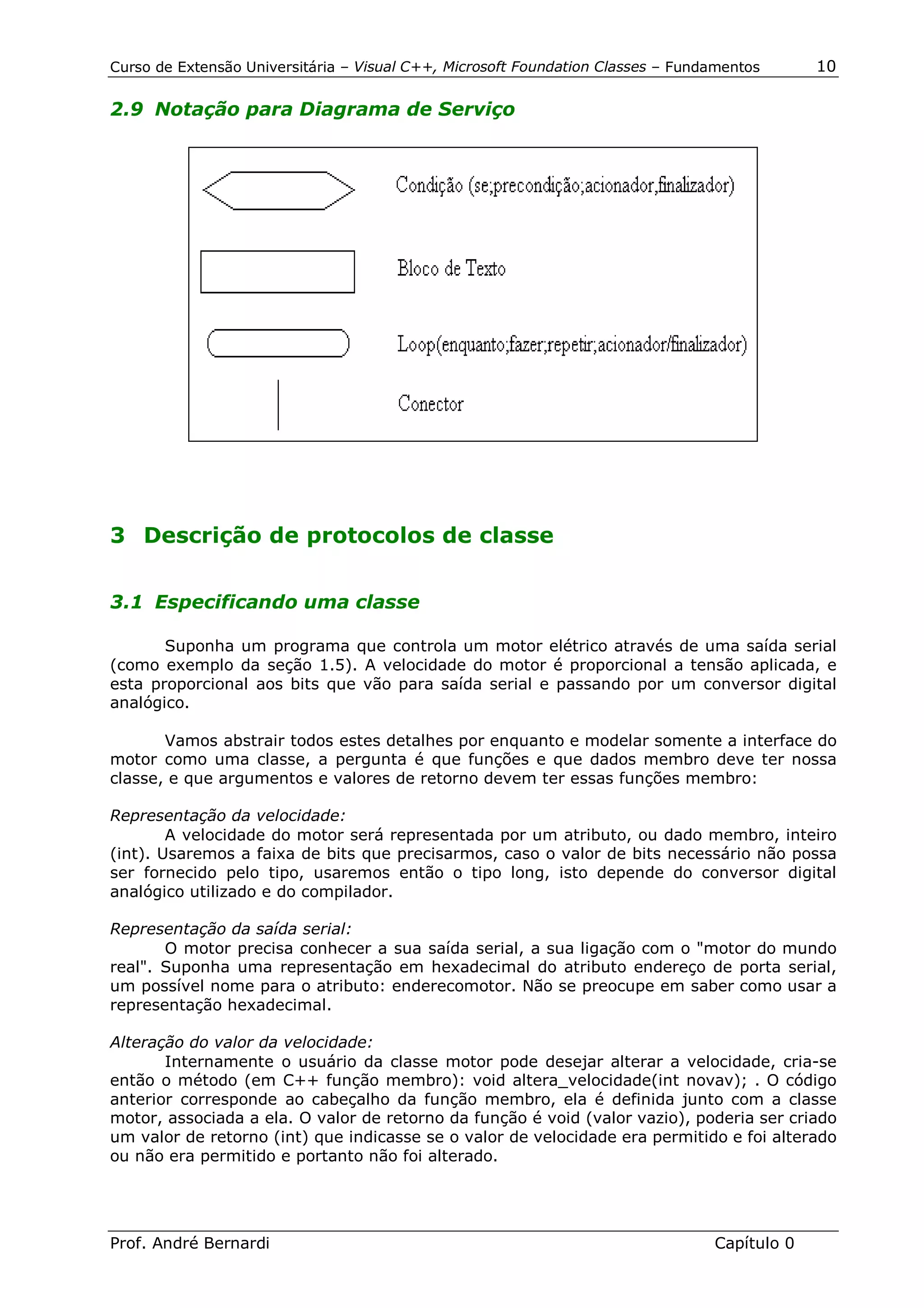 Curso de Extensão Universitária – Visual C++, Microsoft Foundation Classes – Fundamentos      10

2.9 Notação para Diagrama de Serviço




3 Descrição de protocolos de classe


3.1 Especificando uma classe

       Suponha um programa que controla um motor elétrico através de uma saída serial
(como exemplo da seção 1.5). A velocidade do motor é proporcional a tensão aplicada, e
esta proporcional aos bits que vão para saída serial e passando por um conversor digital
analógico.

       Vamos abstrair todos estes detalhes por enquanto e modelar somente a interface do
motor como uma classe, a pergunta é que funções e que dados membro deve ter nossa
classe, e que argumentos e valores de retorno devem ter essas funções membro:

Representação da velocidade:
        A velocidade do motor será representada por um atributo, ou dado membro, inteiro
(int). Usaremos a faixa de bits que precisarmos, caso o valor de bits necessário não possa
ser fornecido pelo tipo, usaremos então o tipo long, isto depende do conversor digital
analógico utilizado e do compilador.

Representação da saída serial:
       O motor precisa conhecer a sua saída serial, a sua ligação com o "motor do mundo
real". Suponha uma representação em hexadecimal do atributo endereço de porta serial,
um possível nome para o atributo: enderecomotor. Não se preocupe em saber como usar a
representação hexadecimal.

Alteração do valor da velocidade:
       Internamente o usuário da classe motor pode desejar alterar a velocidade, cria-se
então o método (em C++ função membro): void altera_velocidade(int novav); . O código
anterior corresponde ao cabeçalho da função membro, ela é definida junto com a classe
motor, associada a ela. O valor de retorno da função é void (valor vazio), poderia ser criado
um valor de retorno (int) que indicasse se o valor de velocidade era permitido e foi alterado
ou não era permitido e portanto não foi alterado.




Prof. André Bernardi                                                             Capítulo 0
 