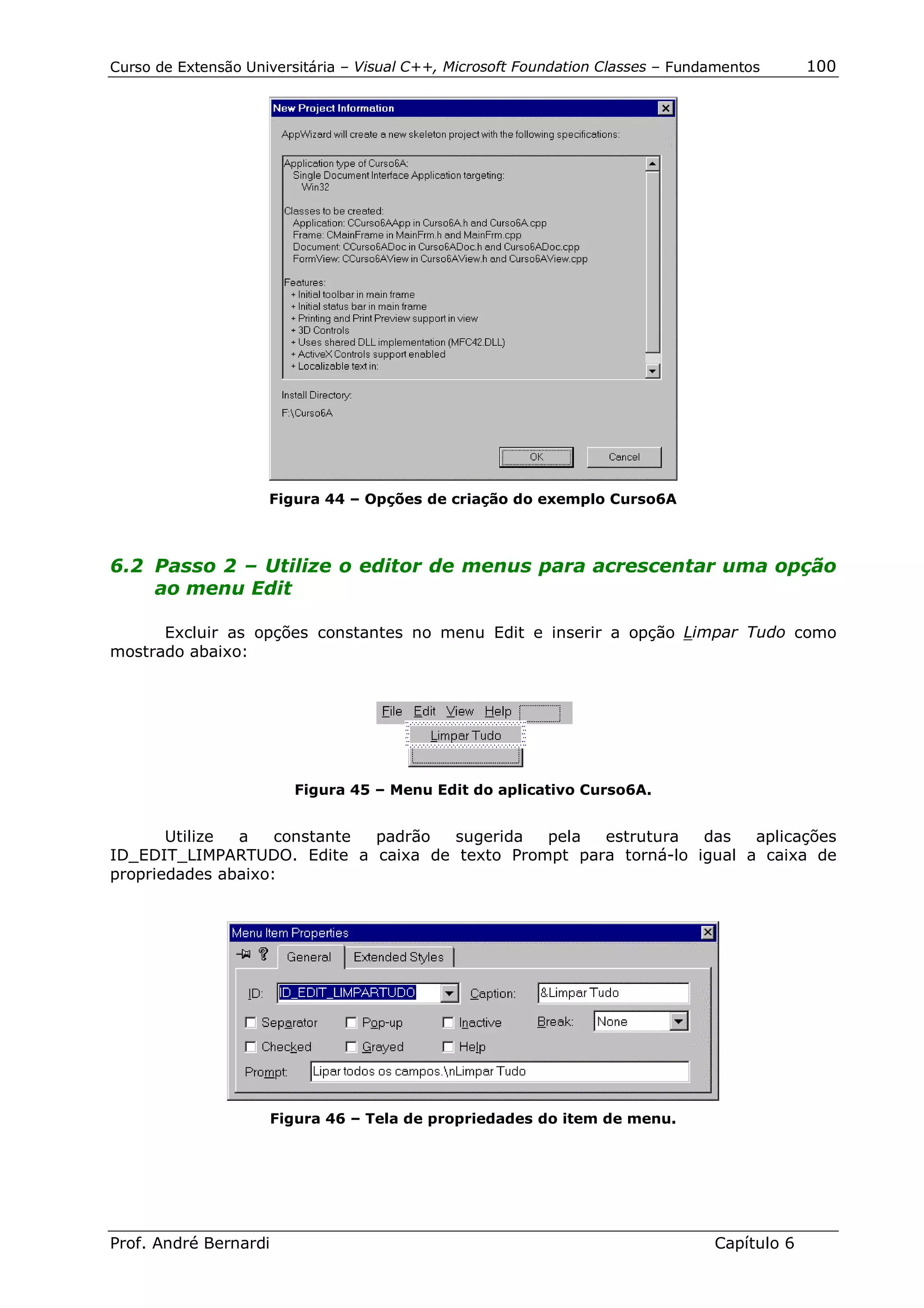 Curso de Extensão Universitária – Visual C++, Microsoft Foundation Classes – Fundamentos      100




                     Figura 44 – Opções de criação do exemplo Curso6A



6.2 Passo 2 – Utilize o editor de menus para acrescentar uma opção
    ao menu Edit

      Excluir as opções constantes no menu Edit e inserir a opção Limpar Tudo como
mostrado abaixo:




                         Figura 45 – Menu Edit do aplicativo Curso6A.


       Utilize a    constante padrão sugerida  pela  estrutura   das   aplicações
ID_EDIT_LIMPARTUDO. Edite a caixa de texto Prompt para torná-lo igual a caixa de
propriedades abaixo:




                       Figura 46 – Tela de propriedades do item de menu.




Prof. André Bernardi                                                             Capítulo 6
 