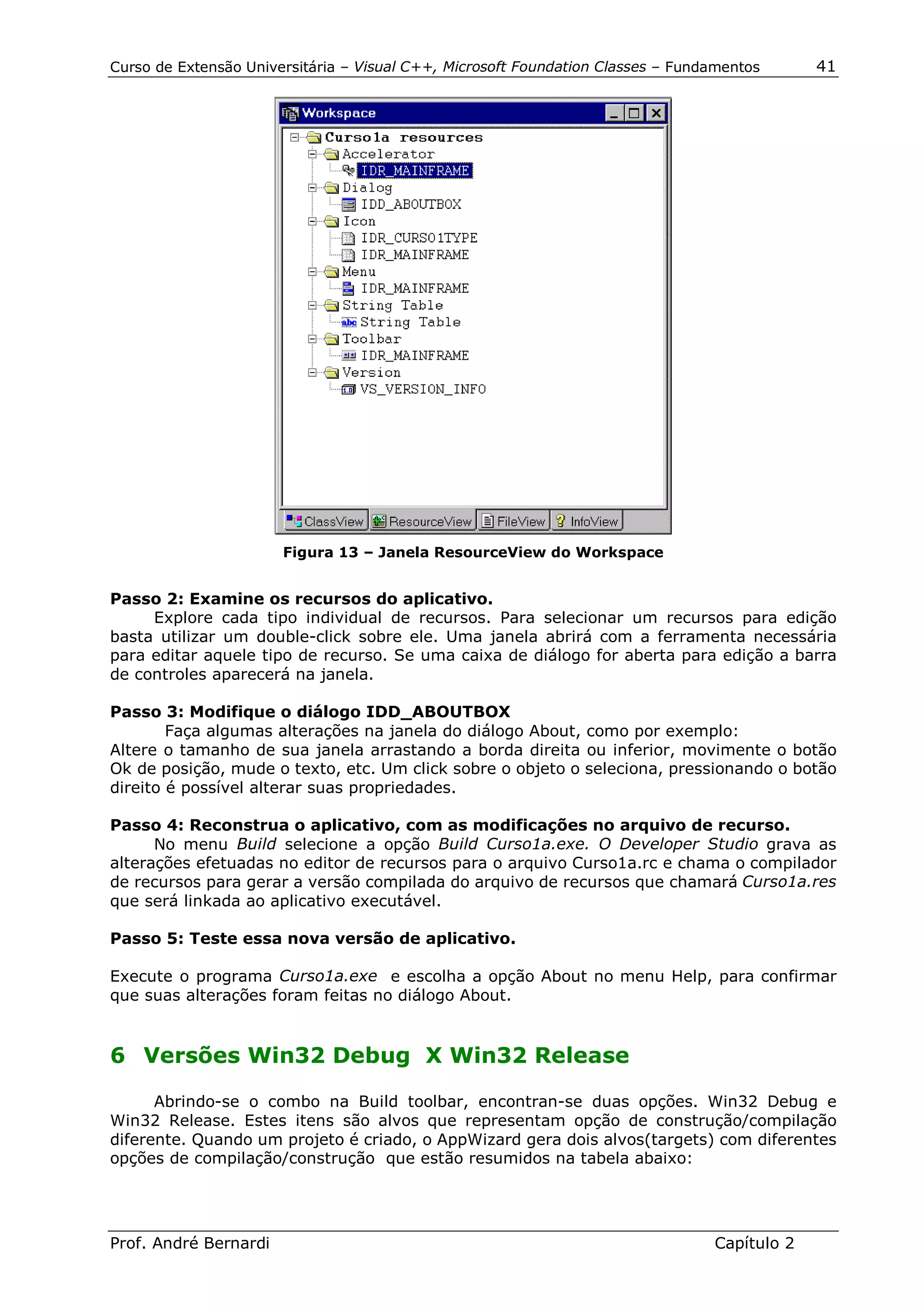 Curso de Extensão Universitária – Visual C++, Microsoft Foundation Classes – Fundamentos      41




                       Figura 13 – Janela ResourceView do Workspace


Passo 2: Examine os recursos do aplicativo.
     Explore cada tipo individual de recursos. Para selecionar um recursos para edição
basta utilizar um double-click sobre ele. Uma janela abrirá com a ferramenta necessária
para editar aquele tipo de recurso. Se uma caixa de diálogo for aberta para edição a barra
de controles aparecerá na janela.

Passo 3: Modifique o diálogo IDD_ABOUTBOX
        Faça algumas alterações na janela do diálogo About, como por exemplo:
Altere o tamanho de sua janela arrastando a borda direita ou inferior, movimente o botão
Ok de posição, mude o texto, etc. Um click sobre o objeto o seleciona, pressionando o botão
direito é possível alterar suas propriedades.

Passo 4: Reconstrua o aplicativo, com as modificações no arquivo de recurso.
      No menu Build selecione a opção Build Curso1a.exe. O Developer Studio grava as
alterações efetuadas no editor de recursos para o arquivo Curso1a.rc e chama o compilador
de recursos para gerar a versão compilada do arquivo de recursos que chamará Curso1a.res
que será linkada ao aplicativo executável.

Passo 5: Teste essa nova versão de aplicativo.

Execute o programa Curso1a.exe e escolha a opção About no menu Help, para confirmar
que suas alterações foram feitas no diálogo About.


6 Versões Win32 Debug X Win32 Release

      Abrindo-se o combo na Build toolbar, encontran-se duas opções. Win32 Debug e
Win32 Release. Estes itens são alvos que representam opção de construção/compilação
diferente. Quando um projeto é criado, o AppWizard gera dois alvos(targets) com diferentes
opções de compilação/construção que estão resumidos na tabela abaixo:




Prof. André Bernardi                                                             Capítulo 2
 