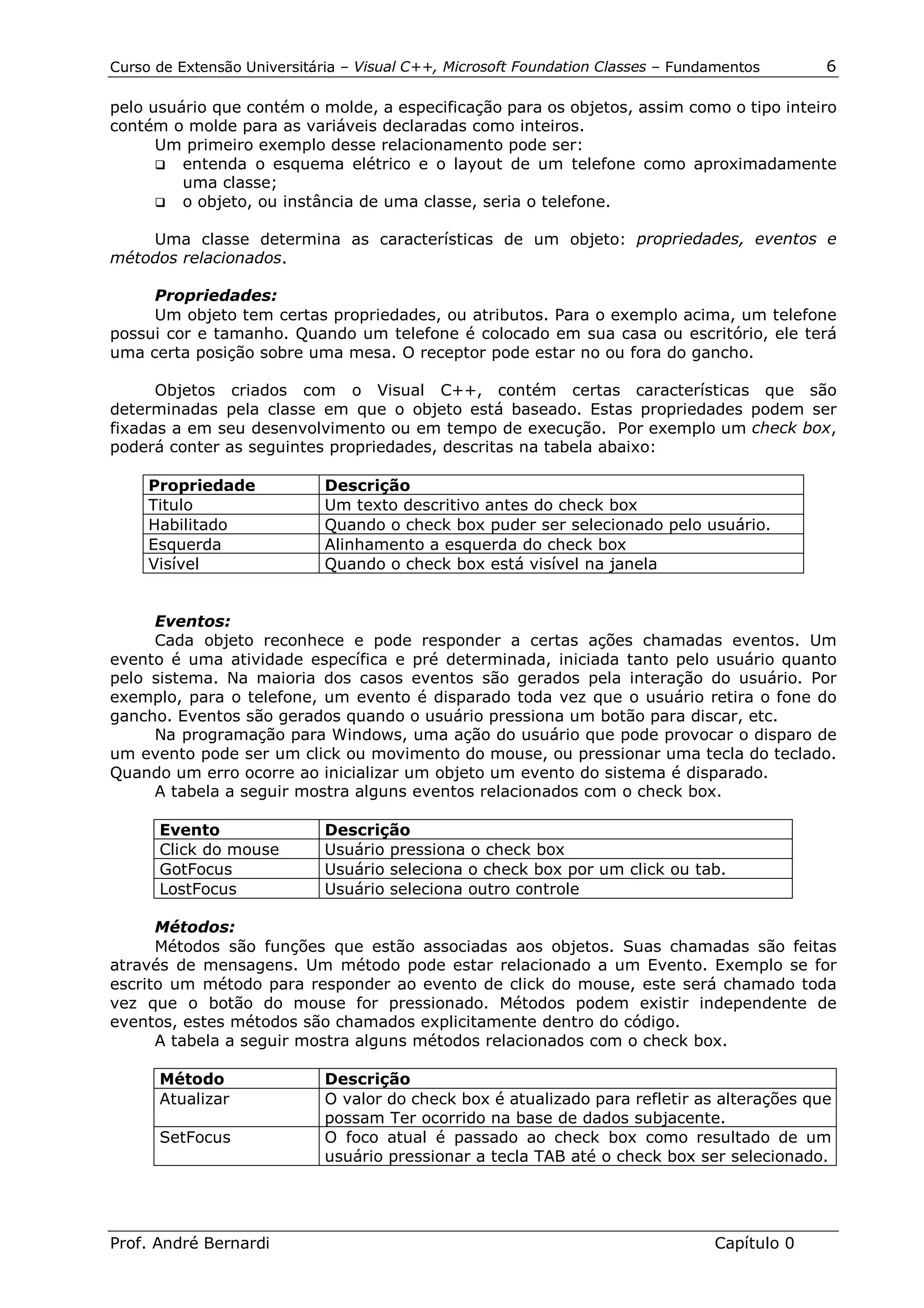 Curso de Extensão Universitária – Visual C++, Microsoft Foundation Classes – Fundamentos      6

pelo usuário que contém o molde, a especificação para os objetos, assim como o tipo inteiro
contém o molde para as variáveis declaradas como inteiros.
      Um primeiro exemplo desse relacionamento pode ser:
      !" entenda o esquema elétrico e o layout de um telefone como aproximadamente
         uma classe;
      !" o objeto, ou instância de uma classe, seria o telefone.


    Uma classe determina as características de um objeto: propriedades, eventos e
métodos relacionados.

     Propriedades:
     Um objeto tem certas propriedades, ou atributos. Para o exemplo acima, um telefone
possui cor e tamanho. Quando um telefone é colocado em sua casa ou escritório, ele terá
uma certa posição sobre uma mesa. O receptor pode estar no ou fora do gancho.

      Objetos criados com o Visual C++, contém certas características que são
determinadas pela classe em que o objeto está baseado. Estas propriedades podem ser
fixadas a em seu desenvolvimento ou em tempo de execução. Por exemplo um check box,
poderá conter as seguintes propriedades, descritas na tabela abaixo:

     Propriedade             Descrição
     Titulo                  Um texto descritivo antes do check box
     Habilitado              Quando o check box puder ser selecionado pelo usuário.
     Esquerda                Alinhamento a esquerda do check box
     Visível                 Quando o check box está visível na janela


     Eventos:
     Cada objeto reconhece e pode responder a certas ações chamadas eventos. Um
evento é uma atividade específica e pré determinada, iniciada tanto pelo usuário quanto
pelo sistema. Na maioria dos casos eventos são gerados pela interação do usuário. Por
exemplo, para o telefone, um evento é disparado toda vez que o usuário retira o fone do
gancho. Eventos são gerados quando o usuário pressiona um botão para discar, etc.
     Na programação para Windows, uma ação do usuário que pode provocar o disparo de
um evento pode ser um click ou movimento do mouse, ou pressionar uma tecla do teclado.
Quando um erro ocorre ao inicializar um objeto um evento do sistema é disparado.
     A tabela a seguir mostra alguns eventos relacionados com o check box.

      Evento                 Descrição
      Click do mouse         Usuário pressiona o check box
      GotFocus               Usuário seleciona o check box por um click ou tab.
      LostFocus              Usuário seleciona outro controle

      Métodos:
      Métodos são funções que estão associadas aos objetos. Suas chamadas são feitas
através de mensagens. Um método pode estar relacionado a um Evento. Exemplo se for
escrito um método para responder ao evento de click do mouse, este será chamado toda
vez que o botão do mouse for pressionado. Métodos podem existir independente de
eventos, estes métodos são chamados explicitamente dentro do código.
      A tabela a seguir mostra alguns métodos relacionados com o check box.

      Método                 Descrição
      Atualizar              O valor do check box é atualizado para refletir as alterações que
                             possam Ter ocorrido na base de dados subjacente.
      SetFocus               O foco atual é passado ao check box como resultado de um
                             usuário pressionar a tecla TAB até o check box ser selecionado.




Prof. André Bernardi                                                             Capítulo 0
 