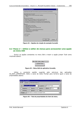 Curso de Extensão Universitária – Visual C++, Microsoft Foundation Classes – Fundamentos      100




                     Figura 44 – Opções de criação do exemplo Curso6A



6.2 Passo 2 – Utilize o editor de menus para acrescentar uma opção
    ao menu Edit

      Excluir as opções constantes no menu Edit e inserir a opção Limpar Tudo como
mostrado abaixo:




                         Figura 45 – Menu Edit do aplicativo Curso6A.


       Utilize a    constante padrão sugerida  pela  estrutura   das   aplicações
ID_EDIT_LIMPARTUDO. Edite a caixa de texto Prompt para torná-lo igual a caixa de
propriedades abaixo:




                       Figura 46 – Tela de propriedades do item de menu.




Prof. André Bernardi                                                             Capítulo 6
 