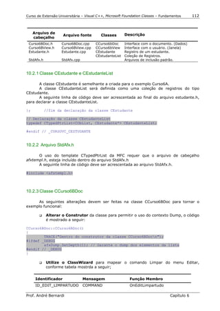 Curso de Extensão Universitária – Visual C++, Microsoft Foundation Classes – Fundamentos      112



     Arquivo de                                         Descrição
                      Arquivo fonte       Classes
     cabeçalho
 Curso6BDoc.h       Curso6BDoc.cpp     CCurso6bDoc      Interface com o documento. (Dados)
 Curso6BView.h      Curso6BView.cpp    CCurso6bView     Interface com o usuário. (Janela)
 Estudante.h        Estudante.cpp      CEstudante       Registro de um estudante.
                                       CEstudanteList   Coleção de Registros.
 StdAfx.h           StdAfx.cpp                          Arquivos de inclusão padrão.



10.2.1 Classe CEstudante e CEstudanteList

      A classe CEstudante é semelhante a criada para o exemplo Curso6A.
      A classe CEstudanteList será definida como uma coleção de registros do tipo
CEstudante.
      A seguinte linha de código deve ser acrescentada ao final do arquivo estudante.h,
para declarar a classe CEstudanteList.

};          //fim da declaração da classe CEstudante

// Declaração da classe CEstudanteList
typedef CTypedPtrList<CObList, CEstudante*> CEstudanteList;

#endif // _CURSOVC_CESTUDANTE


10.2.2 Arquivo StdAfx.h

      O uso do template CTypedPtrList da MFC requer que o arquivo de cabeçalho
afxtempl.h, esteja incluído dentro do arquivo StdAfx.h
      A seguinte linha de código deve ser acrescentada ao arquivo StdAfx.h.

#include <afxtempl.h>



10.2.3 Classe CCurso6BDoc

     As seguintes alterações devem ser feitas na classe CCurso6BDoc para tornar o
exemplo funcional:

       !"   Alterar o Construtor da classe para permitir o uso do contexto Dump, o código
            é mostrado a seguir:

CCurso6BDoc::CCurso6BDoc()
{
        TRACE("Dentro do construtor da classe CCurso6BDocn");
#ifdef _DEBUG
        afxDump.SetDepth(1); // Garante o dump dos elementos da lista
#endif // _DEBUG
}

       !"   Utilize o ClassWizard para mapear o comando Limpar do menu Editar,
            conforme tabela mostrda a seguir;


      Identificador              Mensagem                 Função Membro
      ID_EDIT_LIMPARTUDO         COMMAND                  OnEditLimpartudo

Prof. André Bernardi                                                             Capítulo 6
 
