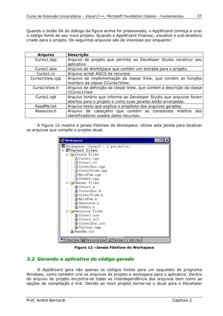 Curso de Extensão Universitária – Visual C++, Microsoft Foundation Classes – Fundamentos      37


Quando o botão Ok do diálogo da figura acima for pressionado, o AppWizard começa a criar
o código fonte de seu novo projeto. Quando o AppWizard finalizar, visualize o sub-diretório
criado para o projeto. Os seguintes arquivos são de interesse por enquanto:


     Arquivo           Descrição
    Curso1.dsp         Arquivo de projeto que permite ao Developer Studio construir seu
                       aplicativo
    Curso1.dsw         Arquivo de WorkSpace que contém um entrada para o projeto.
     Curso1.rc         Arquivo script ASCII de recursos
  Curso1View.cpp       Arquivo de implementação da classe View, que contém as funções
                       membro da classe CCurso1View.
   Curso1View.h        Arquivo de definição da classe View, que contém a descrição da classe
                       CCurso1View
    Curso1.opt         Arquivo binário que informa ao Developer Studio que arquivos foram
                       abertos para o projeto e como suas janelas estão arranjadas.
    ReadMe.txt         Arquivo texto que explica o propósito dos arquivos gerados.
    Resource.h         Arquivo de cabeçalho que contém as constantes #define dos
                       identificadores usados pelos recursos.

     A Figura 12 mostra a janela FileView do Workspace. Utilize esta janela para localizar
os arquivos que compõe o projeto atual.




                          Figura 12 –Janela FileView do Workspace


3.2 Gerando o aplicativo do código gerado

     O AppWizard gera não apenas os códigos fontes para um esqueleto de programa
Windows, como também cria os arquivos de projeto e workspace para o aplicativo. Dentro
do arquivo de projeto encontra-se todas as interdependência dos arquivos bem como as
opções de compilação e link. Devido ao novo projeto tornar-se o atual para o Developer



Prof. André Bernardi                                                             Capítulo 2
 