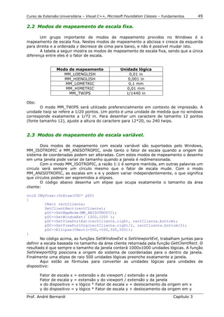 Curso de Extensão Universitária – Visual C++, Microsoft Foundation Classes – Fundamentos      49

2.2 Modos de mapeamento de escala fixa.

       Um grupo importante de modos de mapeamento providos no Windows é o
mapeamento de escala fixa. Nestes modos de mapeamento a abcissa x cresce da esquerda
para direita e a ordenada y decresce de cima para baixo, e não é possível mudar isto.
       A tabela a seguir mostra os modos de mapeamento de escala fixa, sendo que a única
diferença entre eles é o fator de escala.


                Modo de mapeamento                  Unidade lógica
                   MM_LOENGLISH                         0,01 in
                   MM_HIENGLISH                        0,001 in
                   MM_LOMETRIC                         0,1 mm
                    MM_HIMETRIC                        0,01 mm
                     MM_TWIPS                         1/1440 in

Obs:
       O modo MM_TWIPS será utilizado preferencialmente em contexto de impressão. A
unidade twip se refere a 1/20 pontos. Um ponto é uma unidade de medida que no windows
corresponde exatamente a 1/72 in. Para desenhar um caractere de tamanho 12 pontos
(fonte tamanho 12), ajuste a altura do caractere para 12*20, ou 240 twips.


2.3 Modos de mapeamento de escala variável.

       Dois modos de mapeamento com escala variável são suportados pelo Windows,
MM_ISOTROPIC e MM_ANISOTROPIC, onde tanto o fator de escala quando a origem do
sistema de coordenadas podem ser alteradas. Com estes modos de mapeamento o desenho
em uma janela pode variar de tamanho quando a janela é redimensionada.
       Com o modo MM_ISOTROPIC, a razão 1:1 é sempre mantida, em outras palavras um
circulo será sempre um círculo mesmo que o fator de escala mude. Com o modo
MM_ANISOTROPIC, as escalas em x e y podem variar independentemente, o que significa
que círculos podem ser espremidos a elipses.
       O código abaixo desenha um elipse que ocupa exatamente o tamanho da área
cliente:

void CMyView::OnDraw(CDC* pDC)
{
          CRect rectCliente;
          GetClientRect(rectCliente);
          pDC->SetMapMode(MM_ANISOTROPIC);
          pDC->SetWindowExt( 1000,1000 );
          pDC->SetViewPortExt(rectCliente.right, rectCliente.bottom);
          pDC->SetViewPortOrg(rectCliente.right/2, rectCliente.bottom/2);
          pDC->Ellipse(CRect(-500,-500,500,500));
}
        No código acima, as funções SetWindowExt e SetViewportExt, trabalham juntas para
definir a escala baseada no tamanho da área cliente retornada pela função GetClientRect. O
resultado é que sempre o tamanho da janela conterá 1000x1000 unidades lógicas. A função
SetViewportOrg posiciona a origem do sistema de coordenadas para o dentro da janela.
Finalmente uma elipse de raio 500 unidades lógicas preenche exatamente a janela.
        Aqui estão as fórmulas para converter as unidades lógicas para unidades de
dispositivo:

       Fator de escala x = extensão x do     viewport / extensão x da janela
       Fator de escala y = extensão y do     viewport / extensão y da janela
       x do dispositivo = x lógico * Fator   de escala x + deslocamento da origem em x
       y do dispositivo = y lógico * Fator   de escala y + deslocamento da origem em y

Prof. André Bernardi                                                             Capítulo 3
 