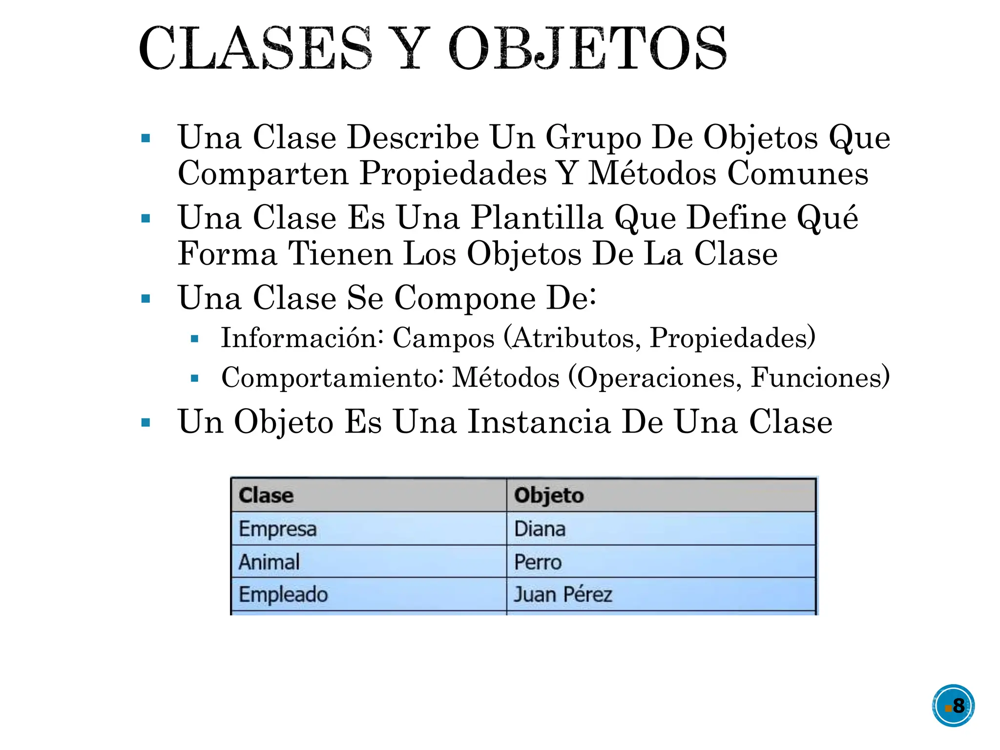  Una Clase Describe Un Grupo De Objetos Que
Comparten Propiedades Y Métodos Comunes
 Una Clase Es Una Plantilla Que Define Qué
Forma Tienen Los Objetos De La Clase
 Una Clase Se Compone De:
 Información: Campos (Atributos, Propiedades)
 Comportamiento: Métodos (Operaciones, Funciones)
 Un Objeto Es Una Instancia De Una Clase
8
 