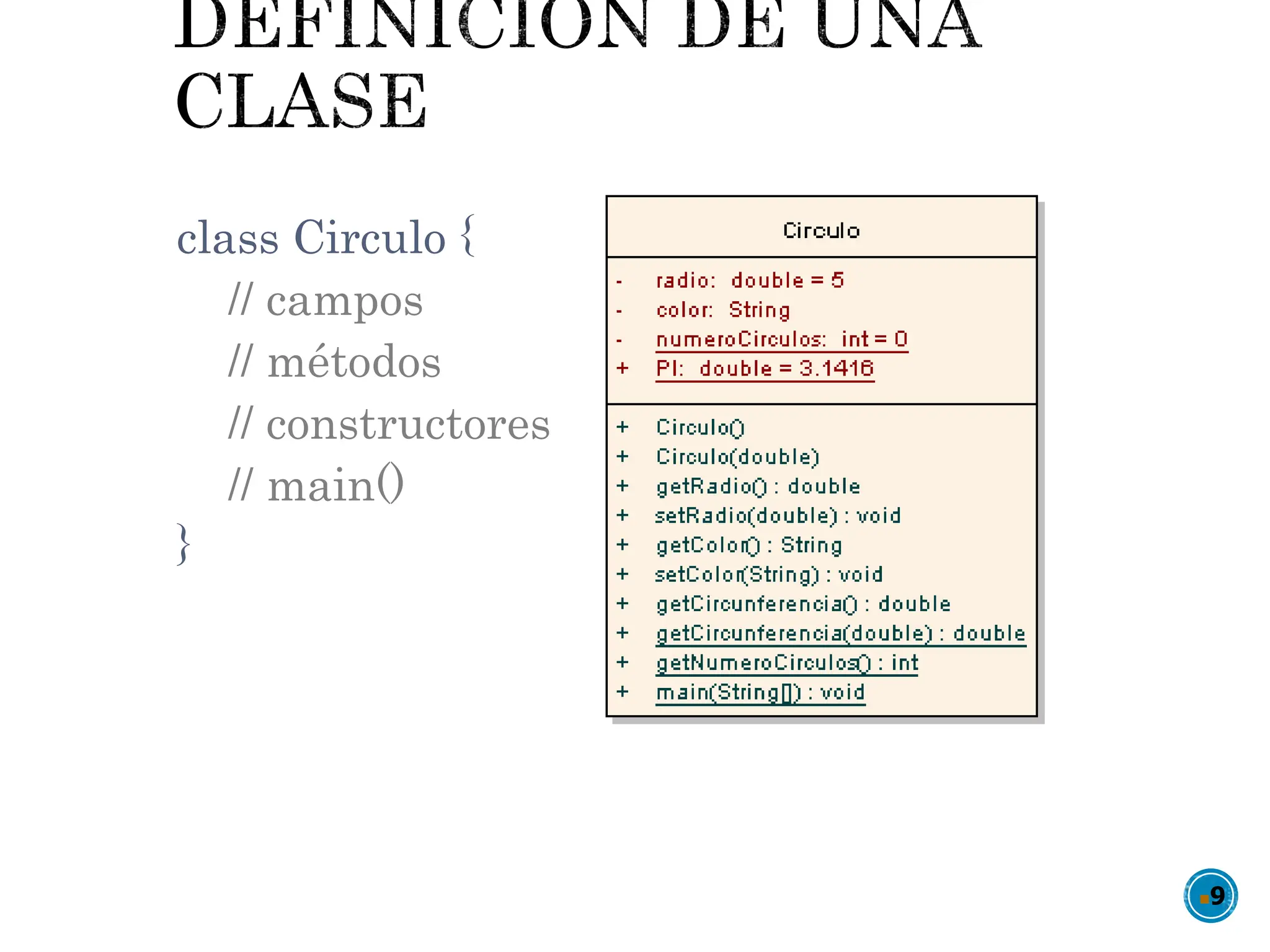 class Circulo {
// campos
// métodos
// constructores
// main()
}
9
 