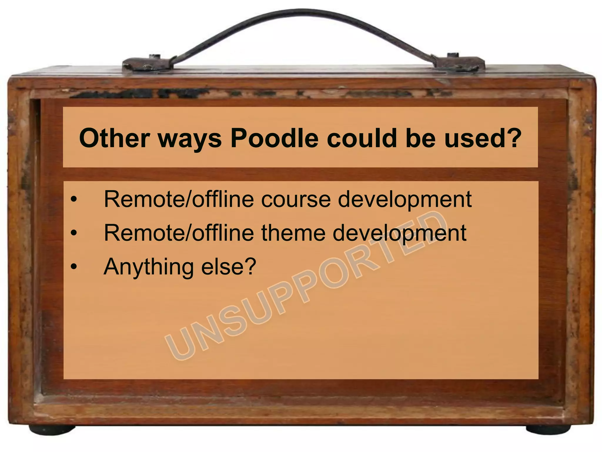 How to Get PoodleDownload the Poodle .zip and Help file from:http://www.maflt.org/products/poodleConfigure Moodle Theme and HomepageAdd desired coursesEnroll student account in courses