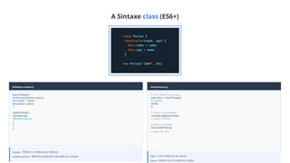 A Sintaxe class (ES6+)
definicao_classe.js
class Produto {
constructor(nome, preco) {
this.nome = nome;
this.preco = preco;
}
exibirPreco() {
console.log(
`R$ ${this.preco}`
);
}
}
class: Define o molde para objetos
constructor: Método especial chamado na criação
instanciacao.js
// Criar instância com new
const livro = new Produto(
'O Hobbit',
49.90
);
// Acessar propriedades
console.log(livro.nome);
// Saída: O Hobbit
// Chamar métodos
livro.exibirPreco();
// Saída: R$ 49.9
new: Cria instância da classe
this: Refere-se à instância criada
 