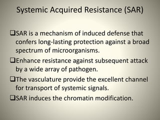 Systemic Acquired Resistance (SAR)
SAR is a mechanism of induced defense that
confers long-lasting protection against a broad
spectrum of microorganisms.
Enhance resistance against subsequent attack
by a wide array of pathogen.
The vasculature provide the excellent channel
for transport of systemic signals.
SAR induces the chromatin modification.
 