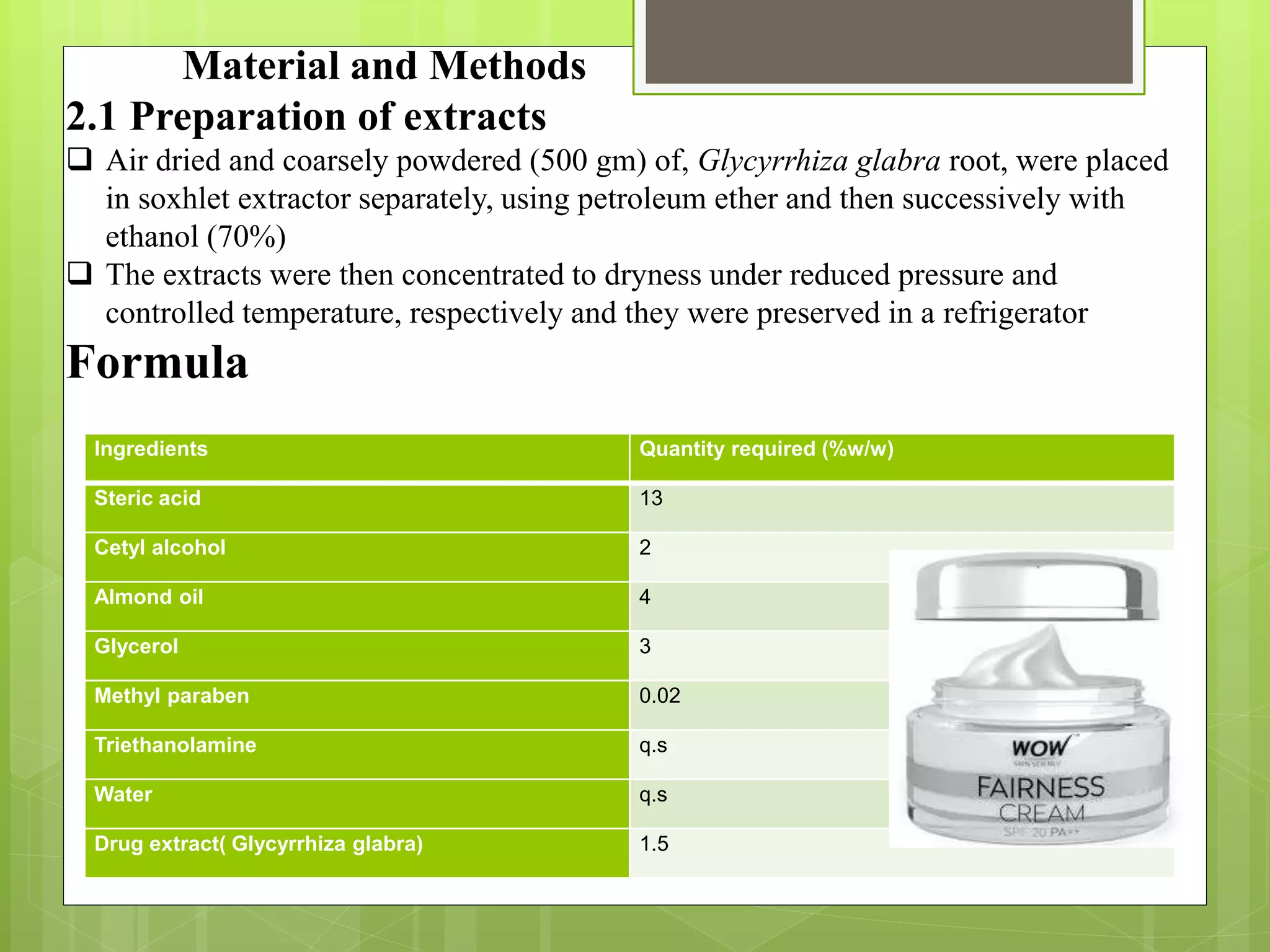 Material and Methods
2.1 Preparation of extracts
 Air dried and coarsely powdered (500 gm) of, Glycyrrhiza glabra root, were placed
in soxhlet extractor separately, using petroleum ether and then successively with
ethanol (70%)
 The extracts were then concentrated to dryness under reduced pressure and
controlled temperature, respectively and they were preserved in a refrigerator
Formula
Ingredients Quantity required (%w/w)
Steric acid 13
Cetyl alcohol 2
Almond oil 4
Glycerol 3
Methyl paraben 0.02
Triethanolamine q.s
Water q.s
Drug extract( Glycyrrhiza glabra) 1.5
 